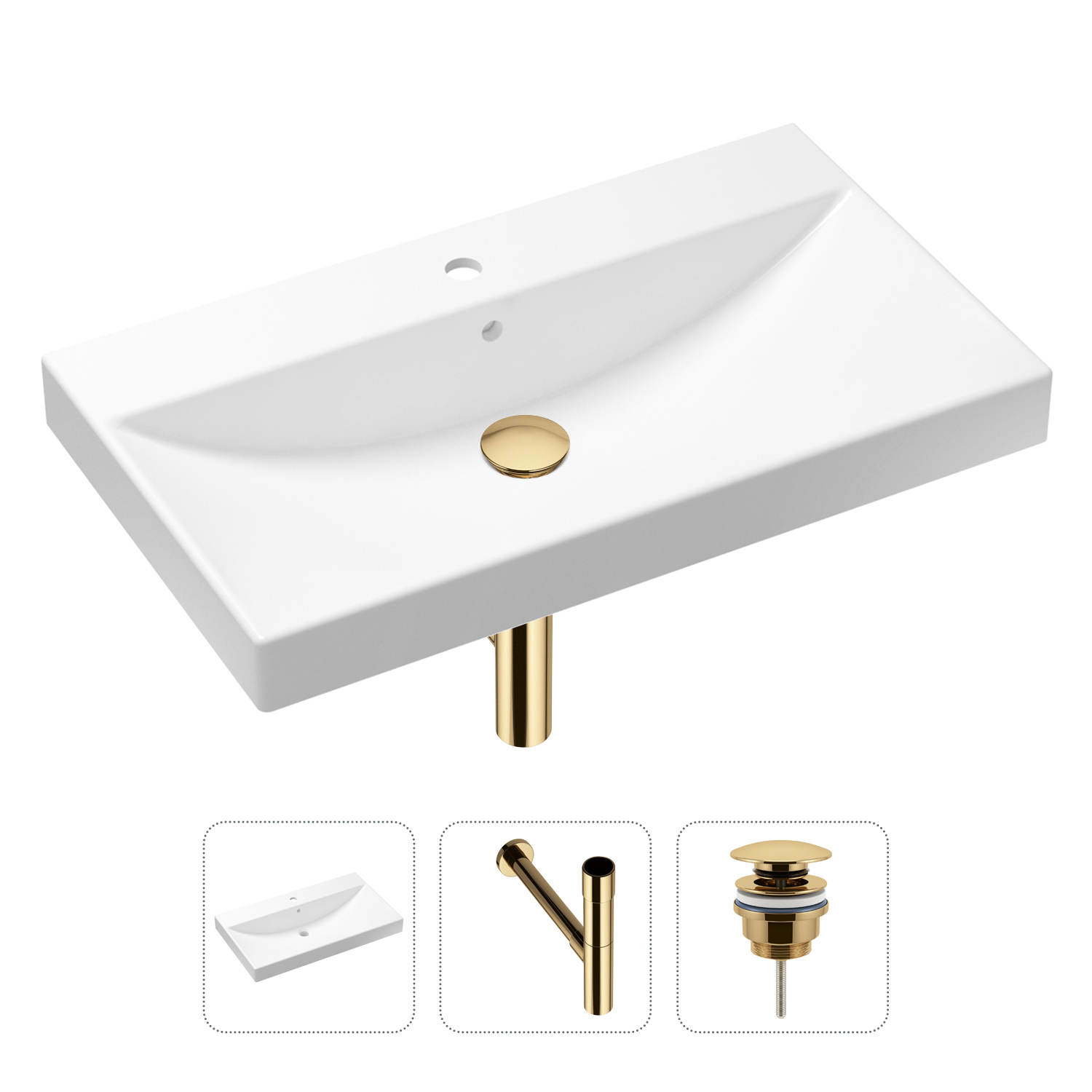 

Комплект 3 в 1 Lavinia Boho Bathroom Sink 21520625: раковина 80 см, сифон, донный клапан, Золотистый, Комплект раковин Lavinia Boho 33311013 (универсальный д/к, с сифоном №3)