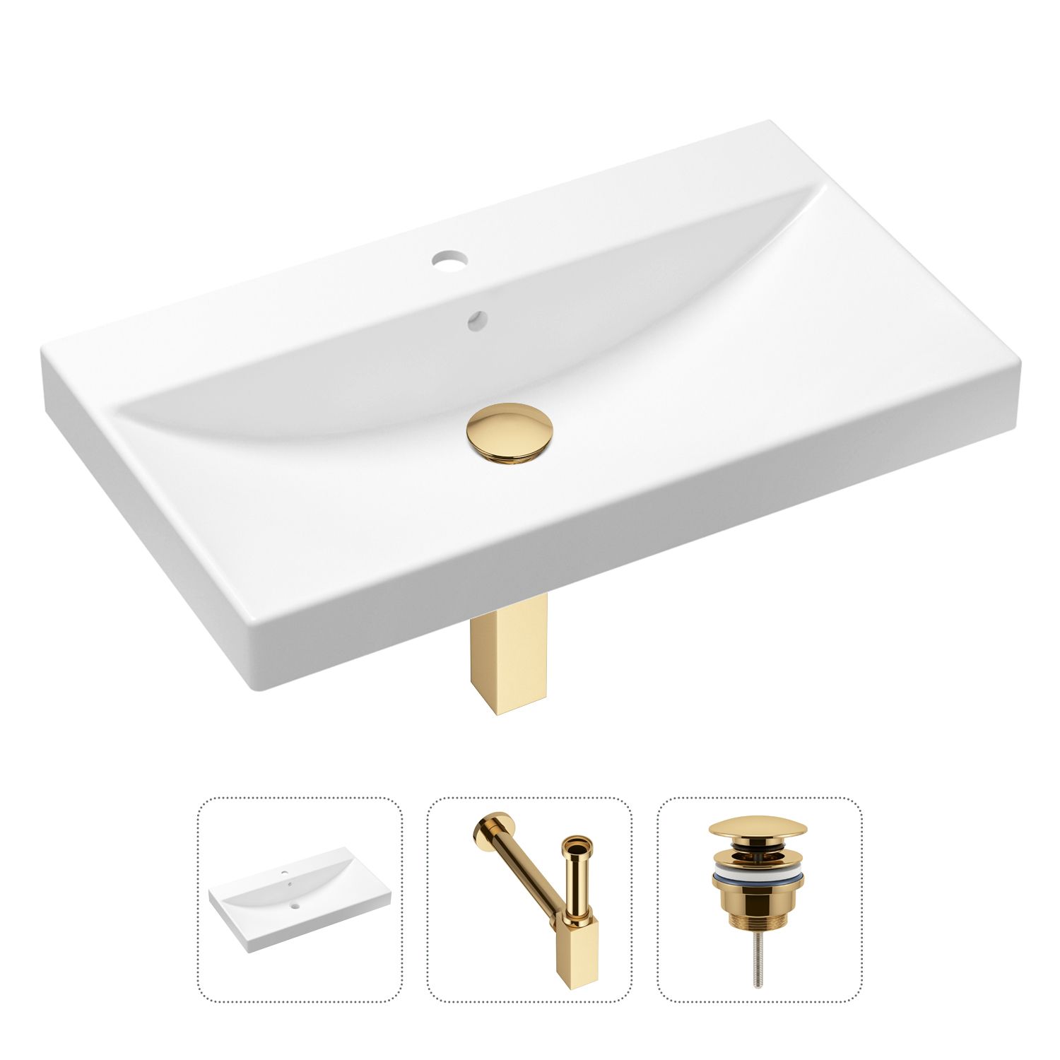 

Комплект 3 в 1 Lavinia Boho Bathroom Sink 21520615: раковина 80 см, сифон, донный клапан, Комплект 3 в 1 Lavinia Boho Bathroom Sink 21520615: врезная фарфоровая раковина 80 см, металлический сифон, донный клапан