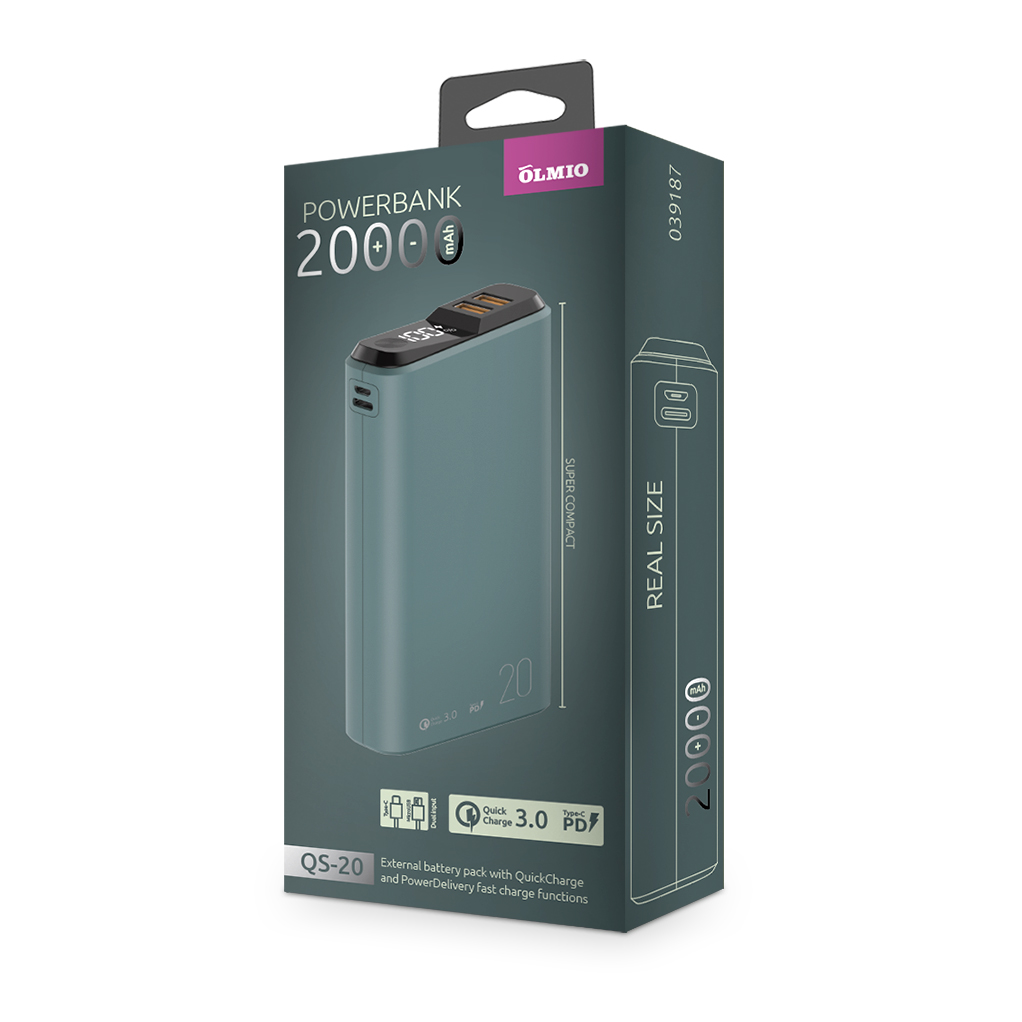 фото Внешний аккумулятор qs-20, 20000mah, 18w quickcharge3.0/powerdelivery, lcd, мурена, olmio