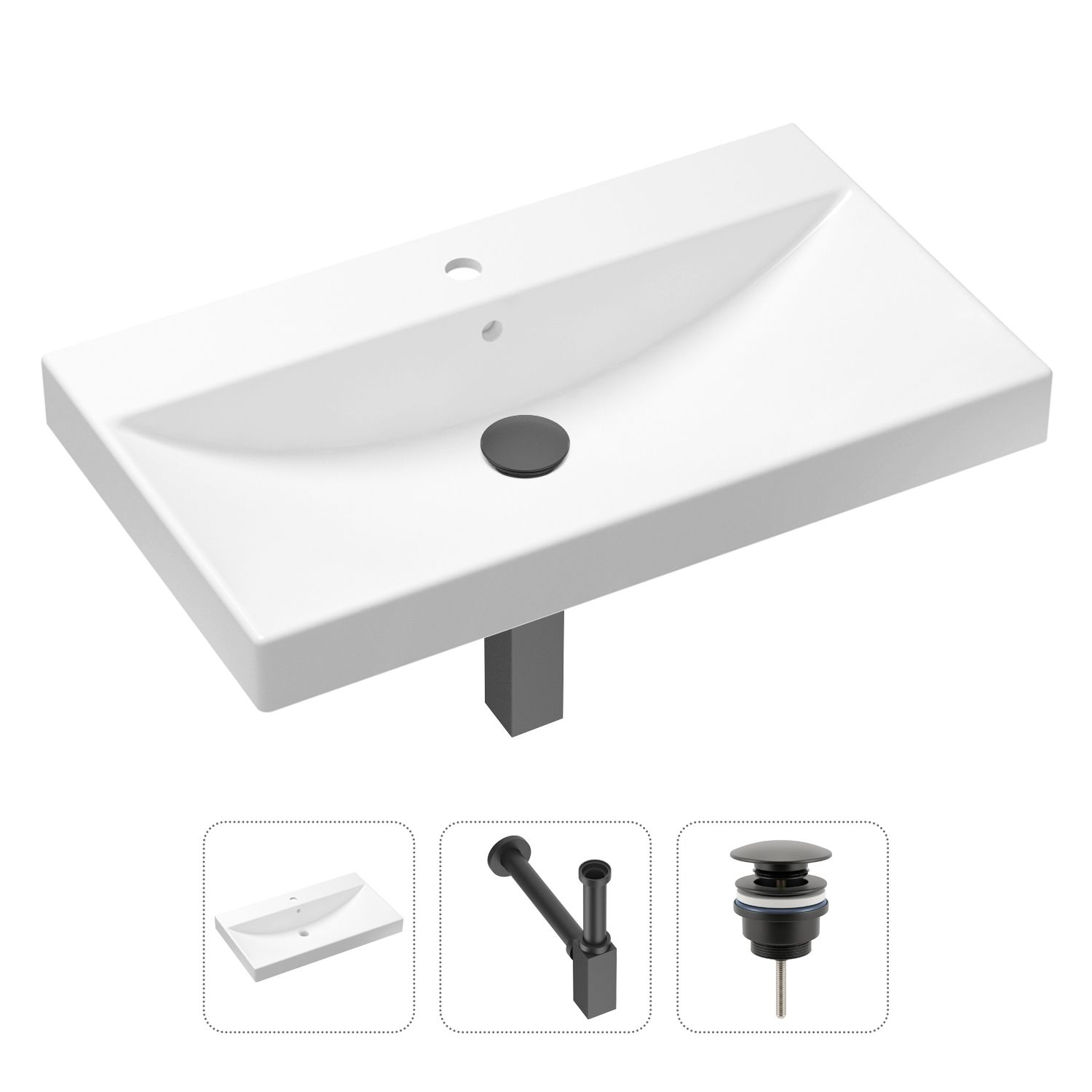 

Комплект 3 в 1 Lavinia Boho Bathroom Sink 21520613: раковина 80 см, сифон, донный клапан, Комплект 3 в 1 Lavinia Boho Bathroom Sink 21520613: врезная фарфоровая раковина 80 см, металлический сифон, донный клапан