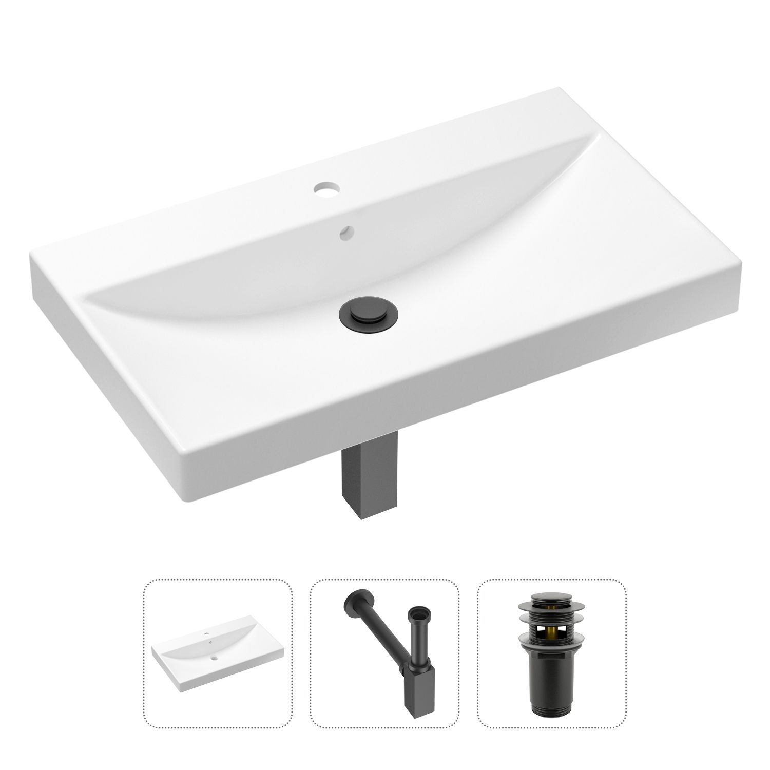 

Комплект 3 в 1 Lavinia Boho Bathroom Sink 21520612: раковина 80 см, сифон, донный клапан, Комплект 3 в 1 Lavinia Boho Bathroom Sink 21520612: врезная фарфоровая раковина 80 см, металлический сифон, донный клапан