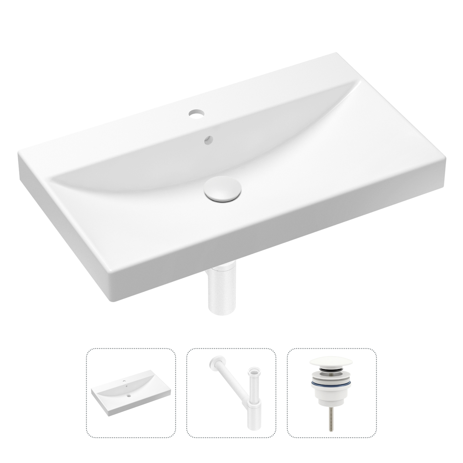 

Комплект 3 в 1 Lavinia Boho Bathroom Sink 21520609: раковина 80 см, сифон, донный клапан, Белый, Комплект раковин Lavinia Boho 33311013 (универсальный д/к, с сифоном №5)