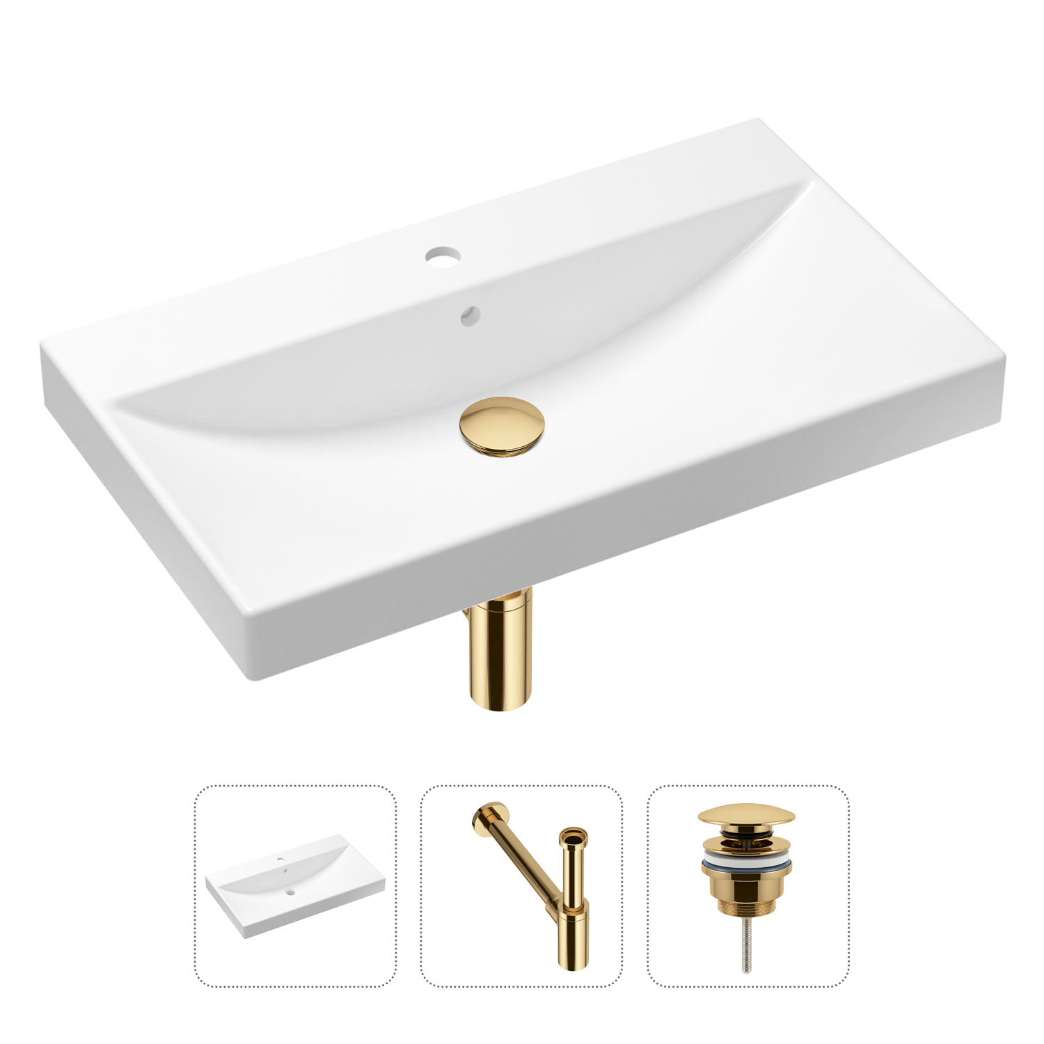 

Комплект 3 в 1 Lavinia Boho Bathroom Sink 21520605: раковина 80 см, сифон, донный клапан, Золотистый, Комплект раковин Lavinia Boho 33311013 (универсальный д/к, с сифоном №5)