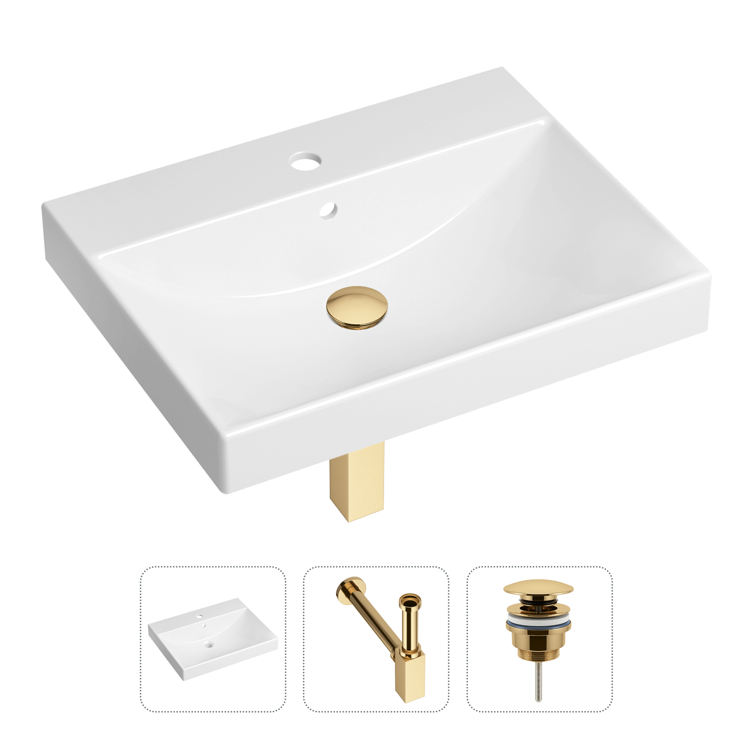 

Комплект 3 в 1 Lavinia Boho Bathroom Sink 21520561: раковина 60 см, сифон, донный клапан, Золотистый, Комплект раковин Lavinia Boho 33311012 (универсальный д/к, с сифоном №4)