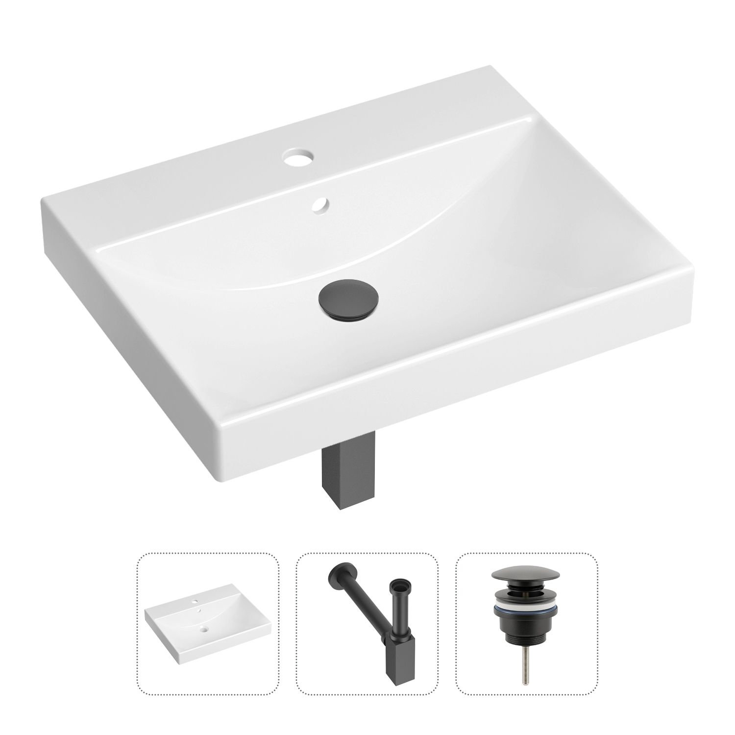 

Комплект 3 в 1 Lavinia Boho Bathroom Sink 21520559: раковина 60 см, сифон, донный клапан, Комплект 3 в 1 Lavinia Boho Bathroom Sink 21520559: врезная фарфоровая раковина 60 см, металлический сифон, донный клапан