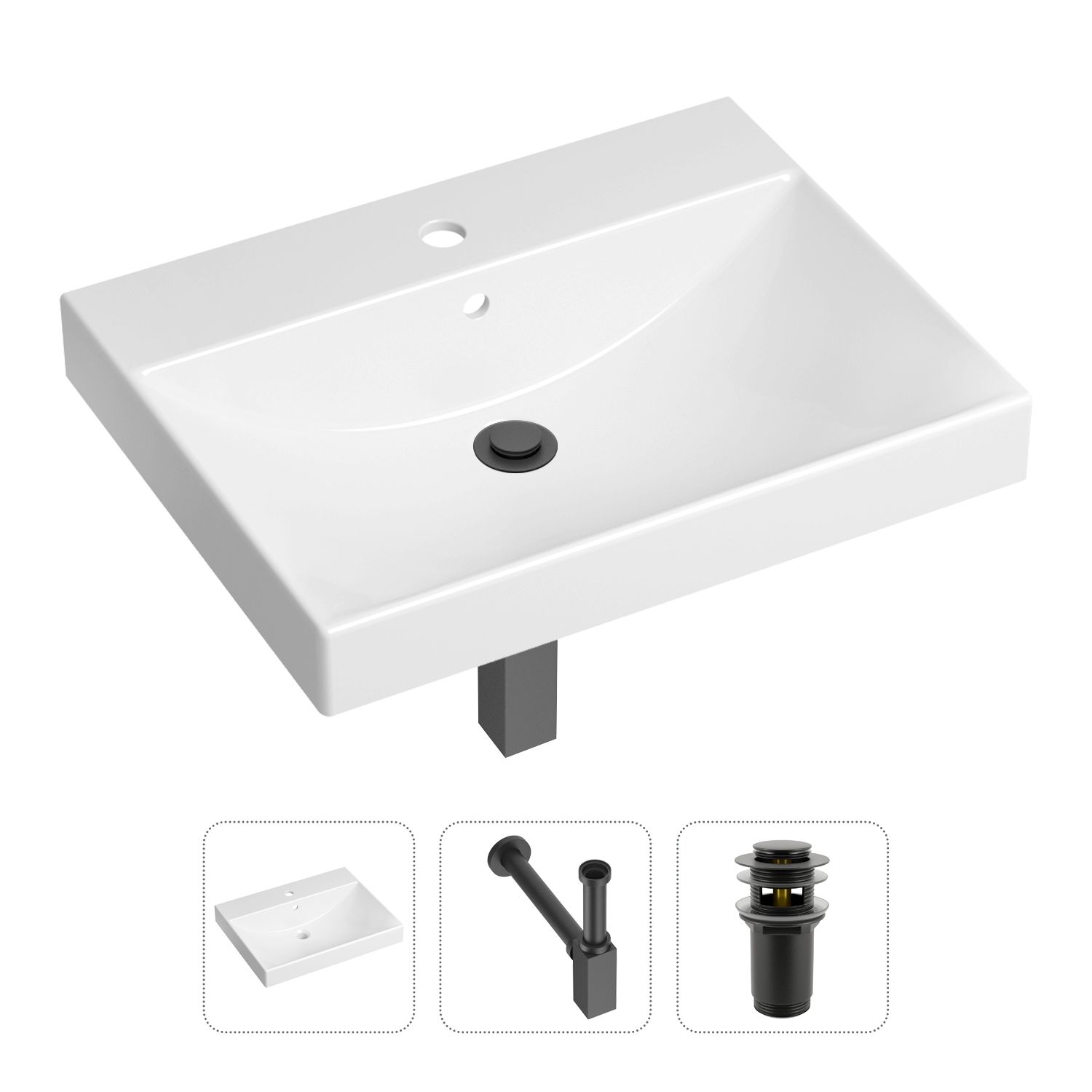 

Комплект 3 в 1 Lavinia Boho Bathroom Sink 21520558: раковина 60 см, сифон, донный клапан, Комплект 3 в 1 Lavinia Boho Bathroom Sink 21520558: врезная фарфоровая раковина 60 см, металлический сифон, донный клапан