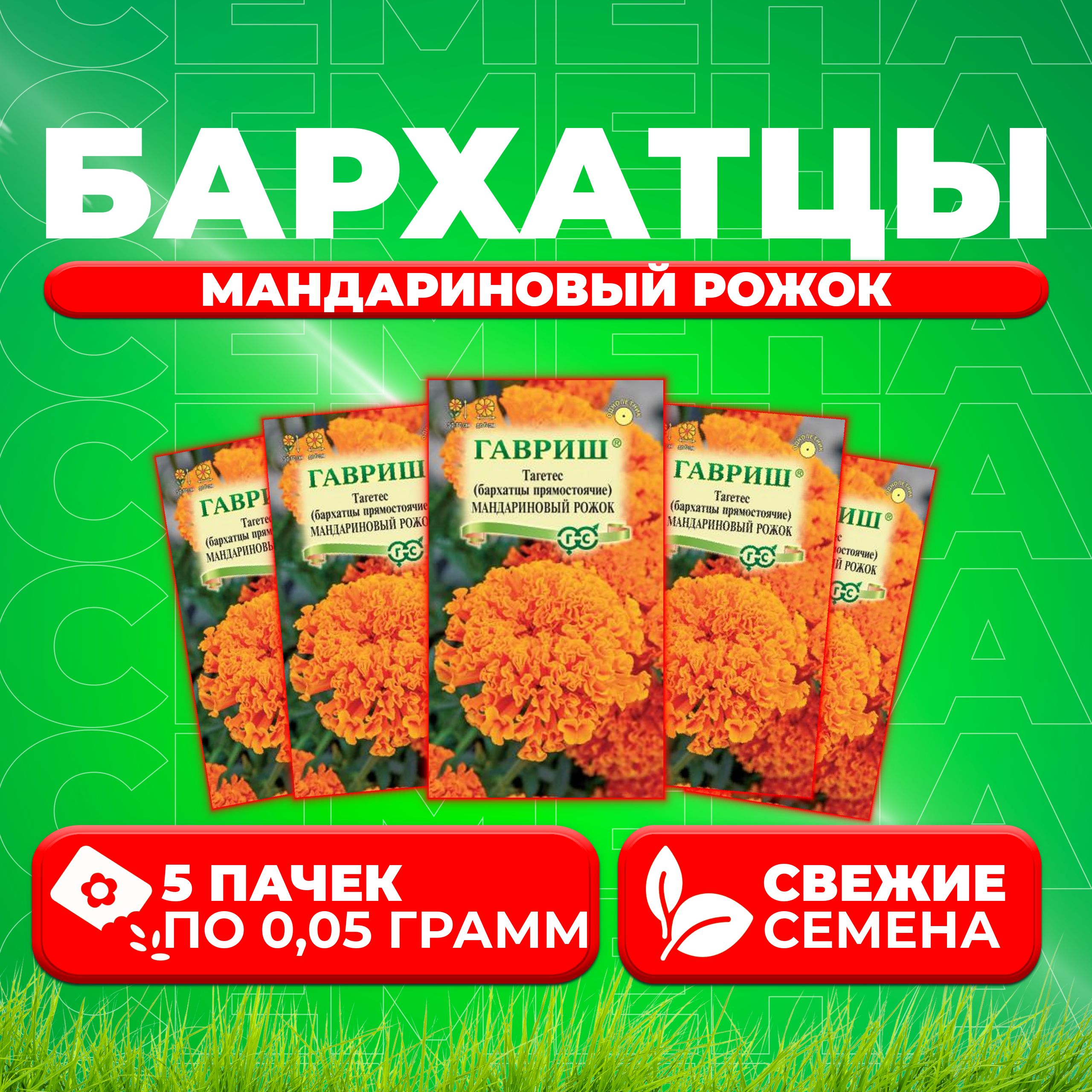 

Семена Бархатцы прямостоячие тагетес Мандариновый рожок, 0,05г, Гавриш 5 уп