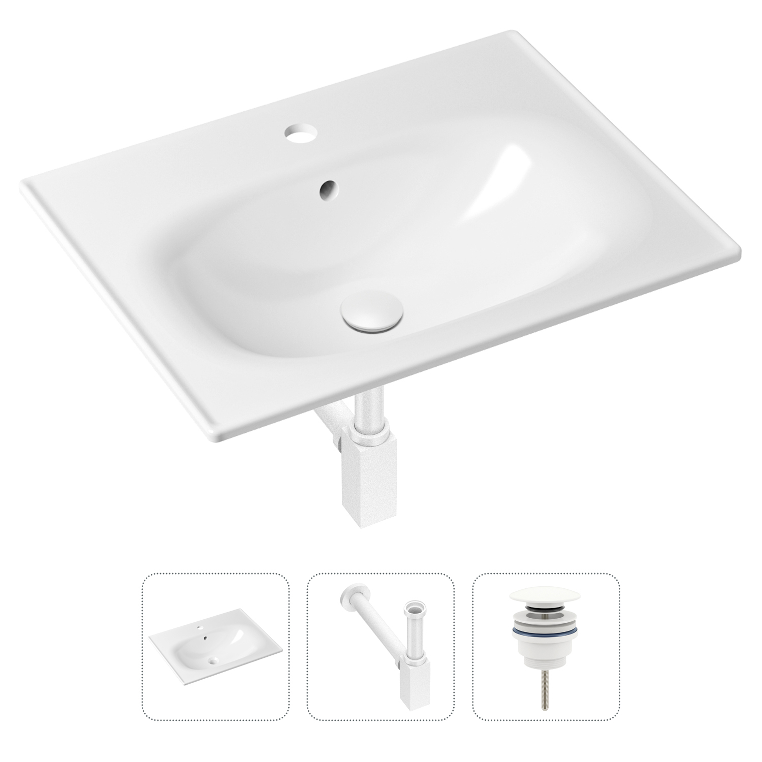 Комплект 3 в 1 Lavinia Boho Bathroom Sink 21520456: раковина 60 см, сифон, донный клапан Комплект раковин Lavinia Boho 33312010 (универсальный д/к, с сифоном №4) белый