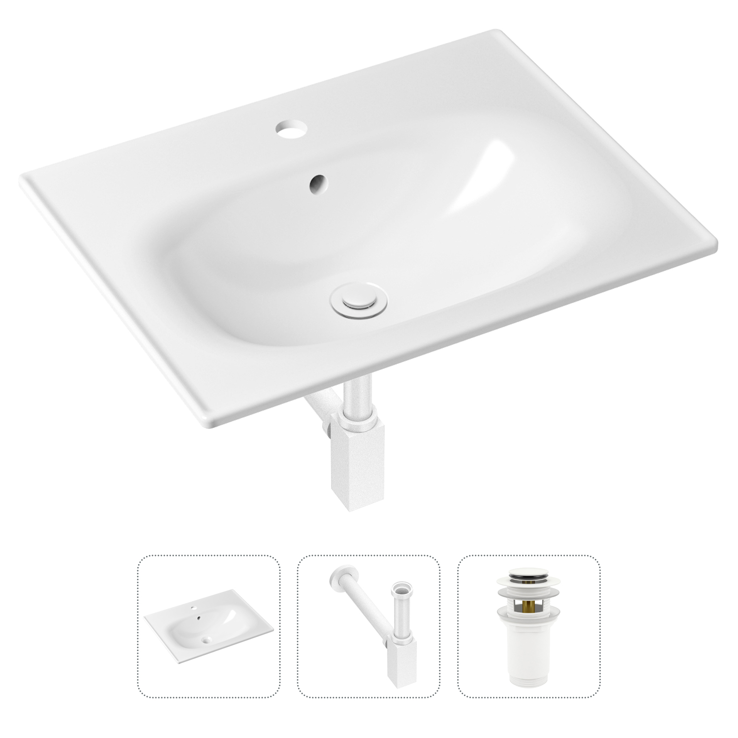 Комплект 3 в 1 Lavinia Boho Bathroom Sink 21520455: раковина 60 см, сифон, донный клапан Комплект раковин Lavinia Boho 33312010 (с переливом- д/к, с сифоном №4) белый