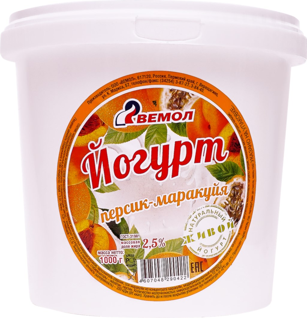 

Йогурт Вемол с персиком и маракуйей 2,5% БЗМЖ 950 г