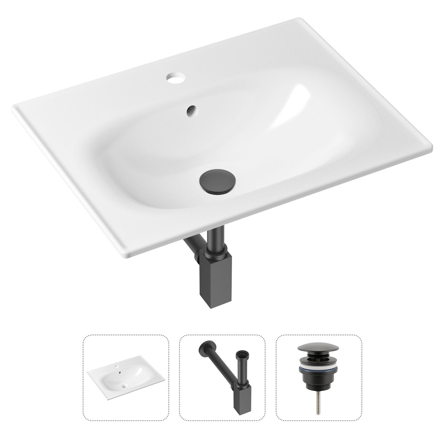 

Комплект 3 в 1 Lavinia Boho Bathroom Sink 21520450: раковина 60 см, сифон, донный клапан, Комплект 3 в 1 Lavinia Boho Bathroom Sink 21520450: врезная фарфоровая раковина 60 см, металлический сифон, донный клапан