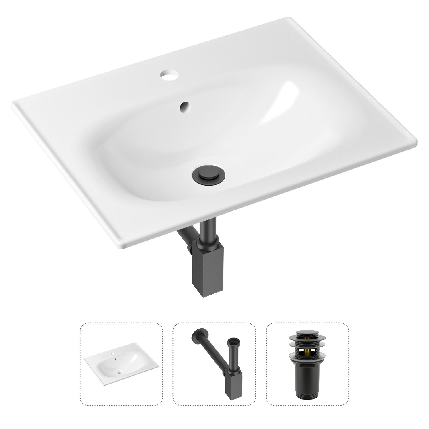 

Комплект 3 в 1 Lavinia Boho Bathroom Sink 21520449: раковина 60 см, сифон, донный клапан, Комплект 3 в 1 Lavinia Boho Bathroom Sink 21520449: врезная фарфоровая раковина 60 см, металлический сифон, донный клапан