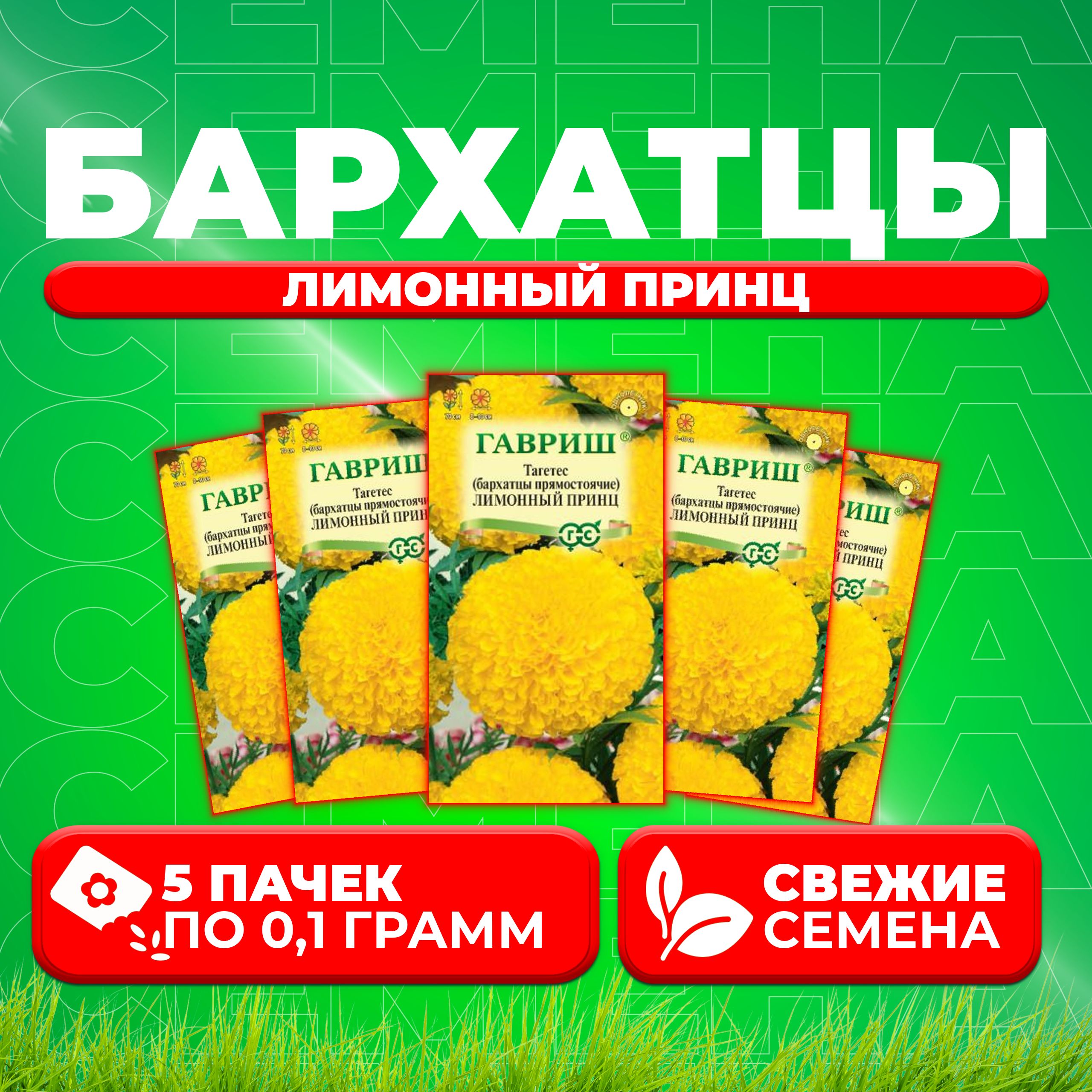 

Семена Бархатцы прямостоячие тагетес Лимонный принц, 0,1г, Гавриш 5 уп