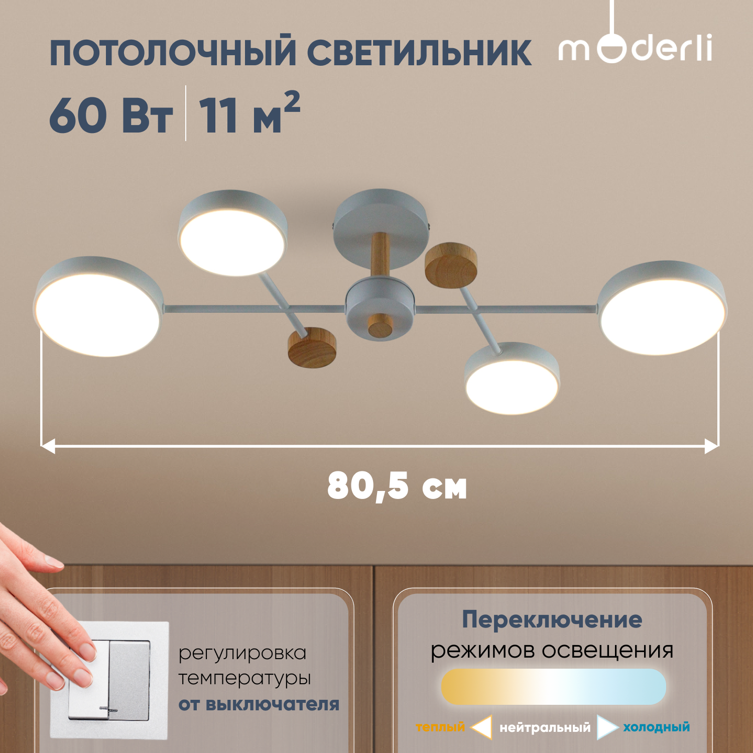 Светильник потолочный светодиодный Moderli V10970-CL Scandi S белый, дерево