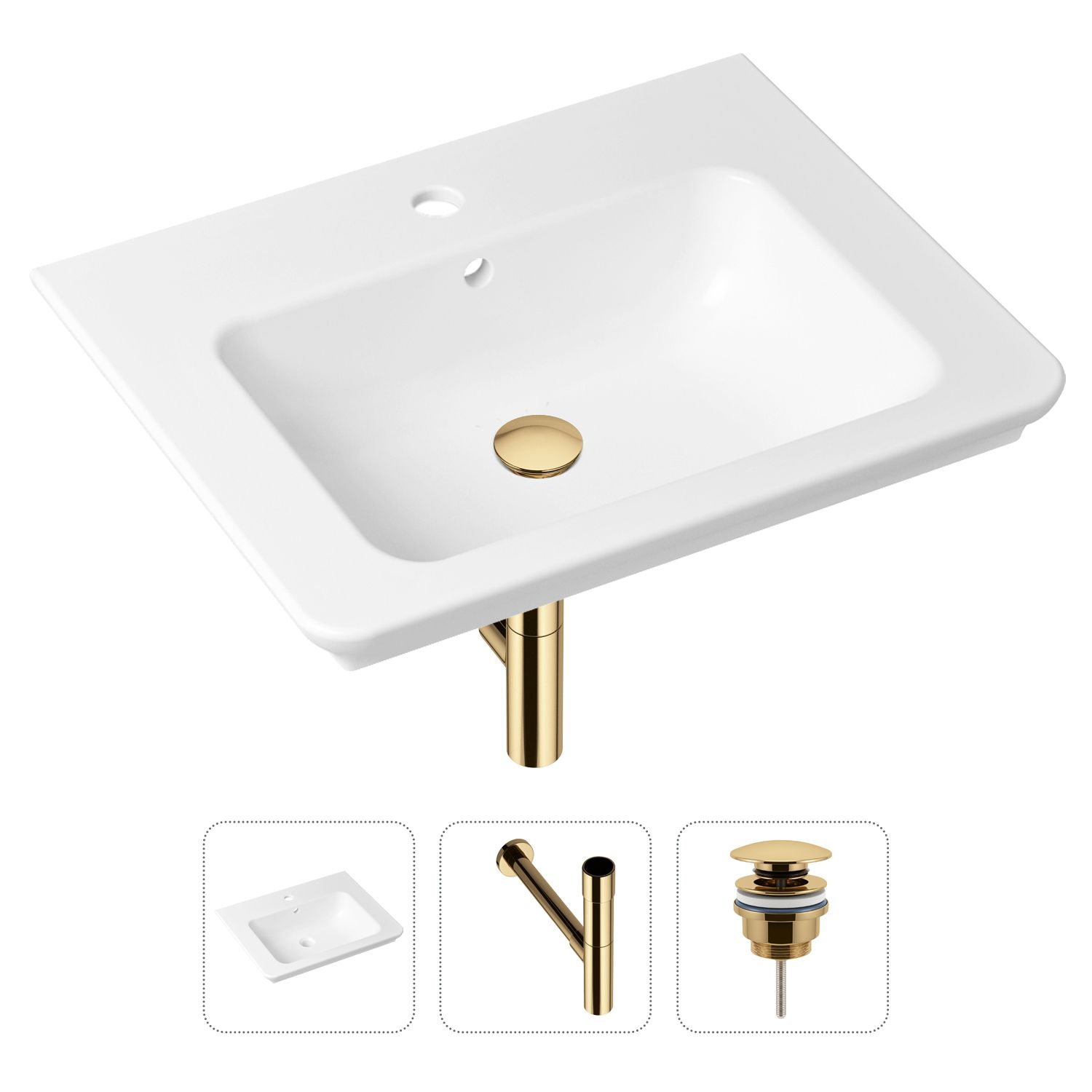 

Комплект 3 в 1 Lavinia Boho Bathroom Sink 21520408: раковина 60 см, сифон, донный клапан, Комплект 3 в 1 Lavinia Boho Bathroom Sink 21520408: врезная фарфоровая раковина 60 см, металлический сифон, донный клапан