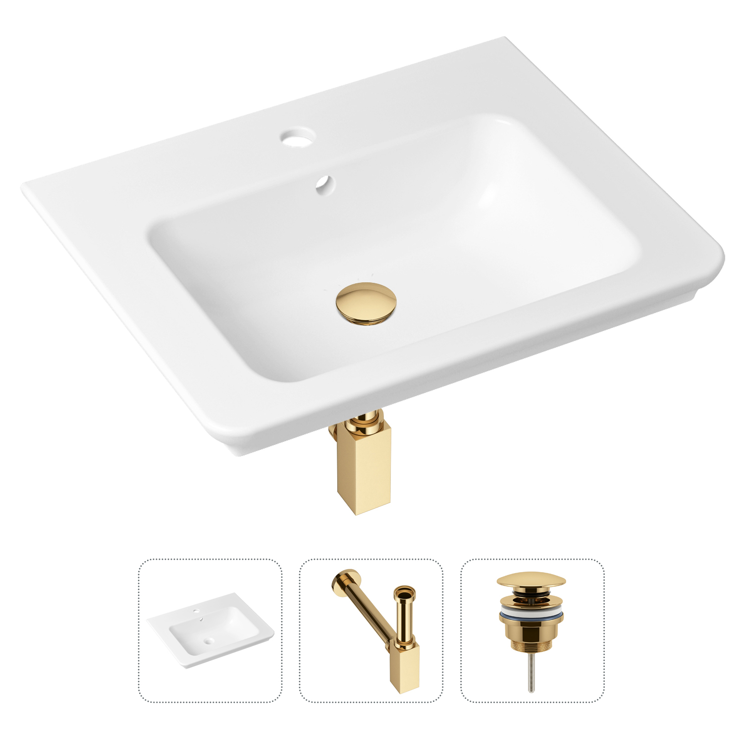 

Комплект 3 в 1 Lavinia Boho Bathroom Sink 21520398: раковина 60 см, сифон, донный клапан, Золотистый, Комплект раковин Lavinia Boho 33312009 (универсальный д/к, с сифоном №4)