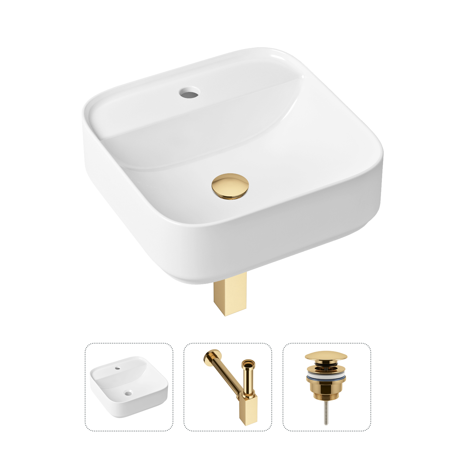 

Комплект 3 в 1 Lavinia Boho Bathroom Sink 21520290: раковина 42 см, сифон, донный клапан, Золотистый, Комплект раковин Lavinia Boho 33311007 (универсальный д/к, с сифоном №4)
