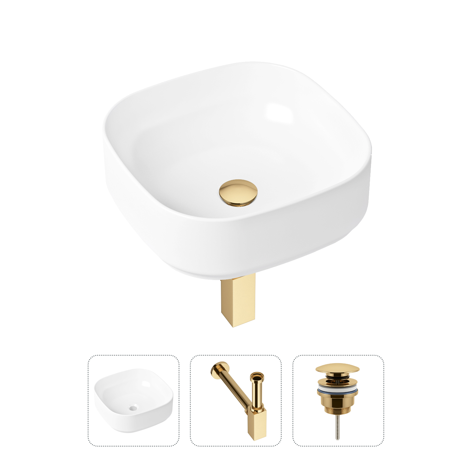 

Комплект 3 в 1 Lavinia Boho Bathroom Sink 21520236: раковина 40 см, сифон, донный клапан, Золотистый, Комплект раковин Lavinia Boho 33311006 (универсальный д/к, с сифоном №4)