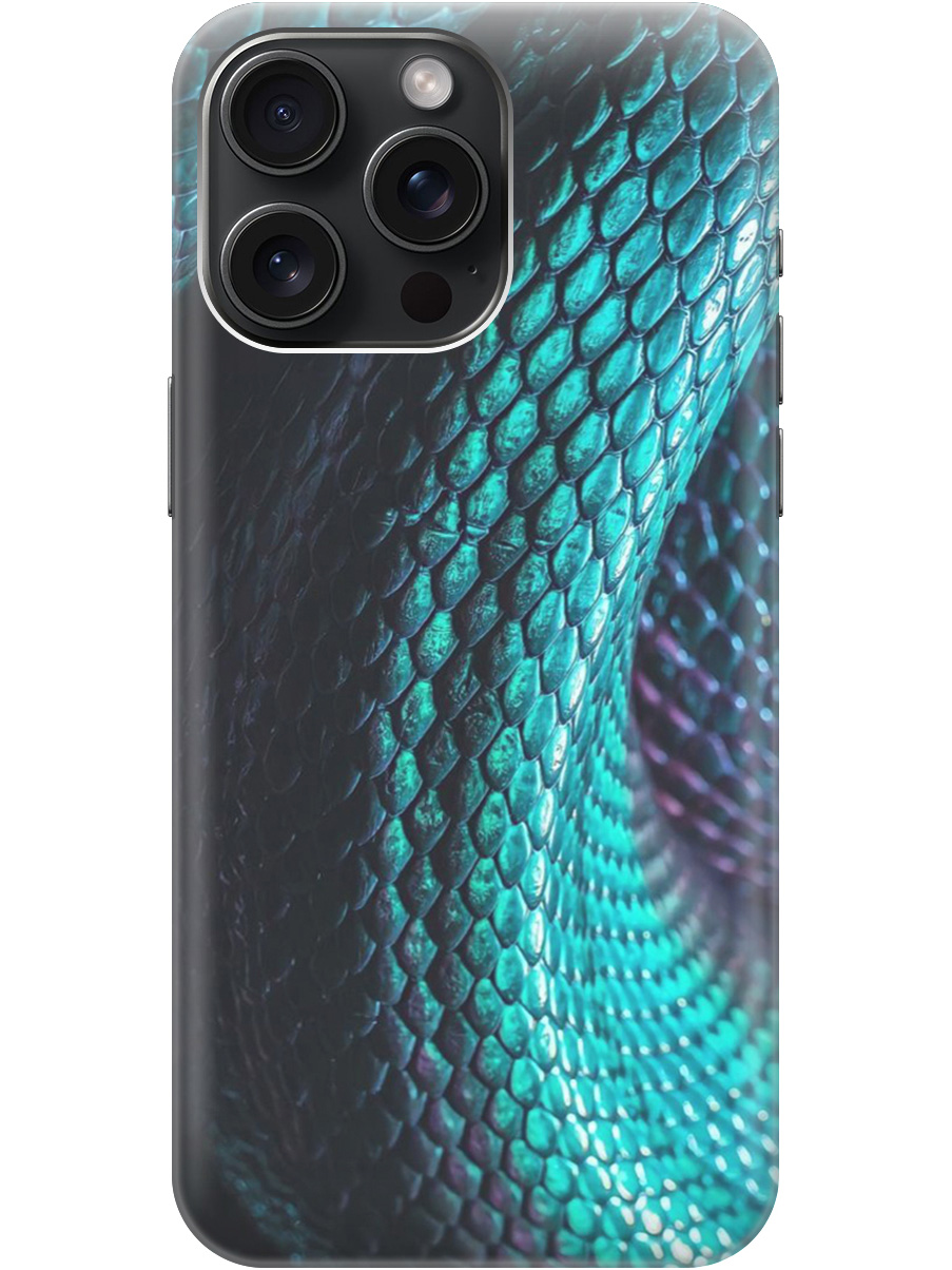 

Силиконовый чехол на Apple iPhone 15 Pro Max с принтом "Переливающаяся змея" прозрачный, Зеленый;синий, 20000013