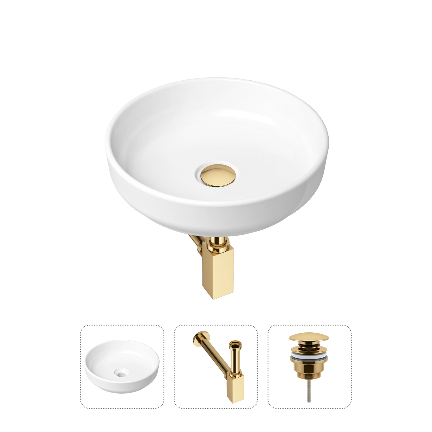 

Комплект 3 в 1 Lavinia Boho Bathroom Sink 21520182: раковина 40 см, сифон, донный клапан, Золотистый, Комплект раковин Lavinia Boho 33311005 (универсальный д/к, с сифоном №4)