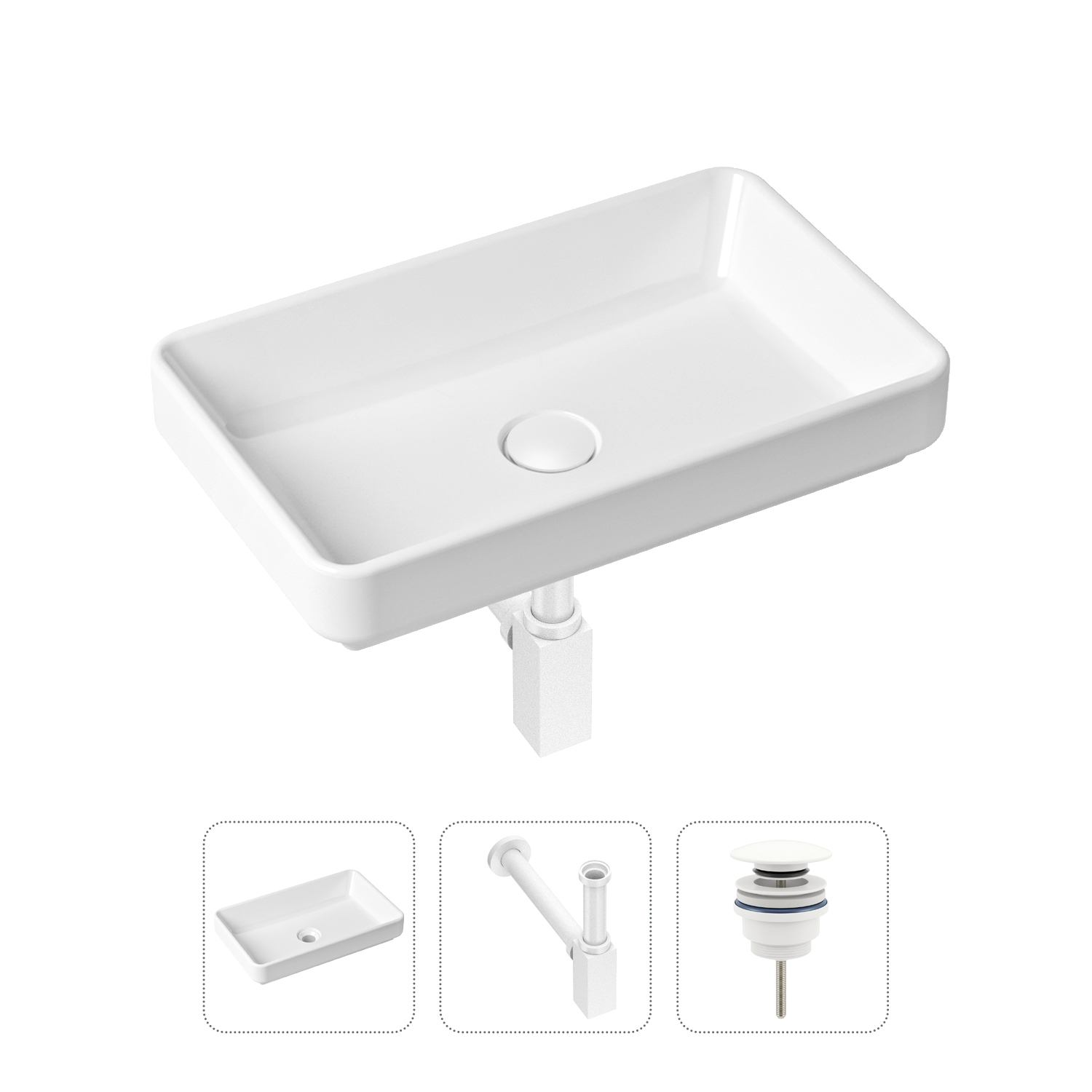 

Комплект 3 в 1 Lavinia Boho Bathroom Sink 21520132: раковина 55 см, сифон, донный клапан, Белый, Комплект раковин Lavinia Boho 33311004 (универсальный д/к, с сифоном №4)