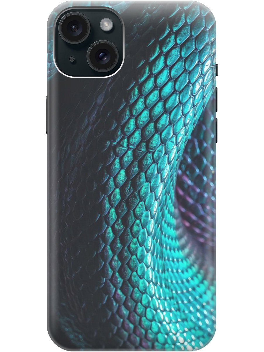 

Силиконовый чехол на Apple iPhone 15 Plus с принтом "Переливающаяся змея" прозрачный, Зеленый;синий, 20000005