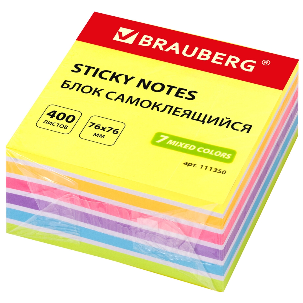 

Набор из 3 шт, Блок самоклеящийся (стикеры) Brauberg Неоновый 76х76 мм, 400 л, 7 цв, Разноцветный