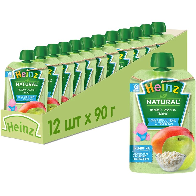 

Пюре фруктовое Heinz яблоко, манго, творог, 6 мес., 12 шт., Яблоко, манго, творог пауч