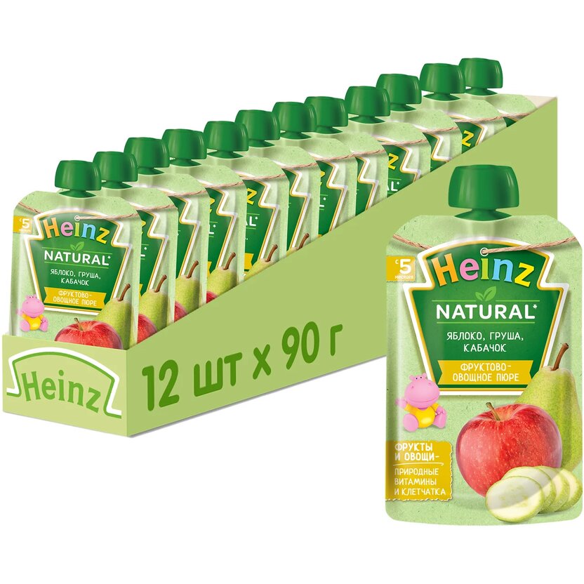 Пюре фруктовое Heinz яблоко, груша, кабачок, 5 мес., 12 шт. пюре heinz яблоко клубника черника 90 г с 6 месяцев 1 шт