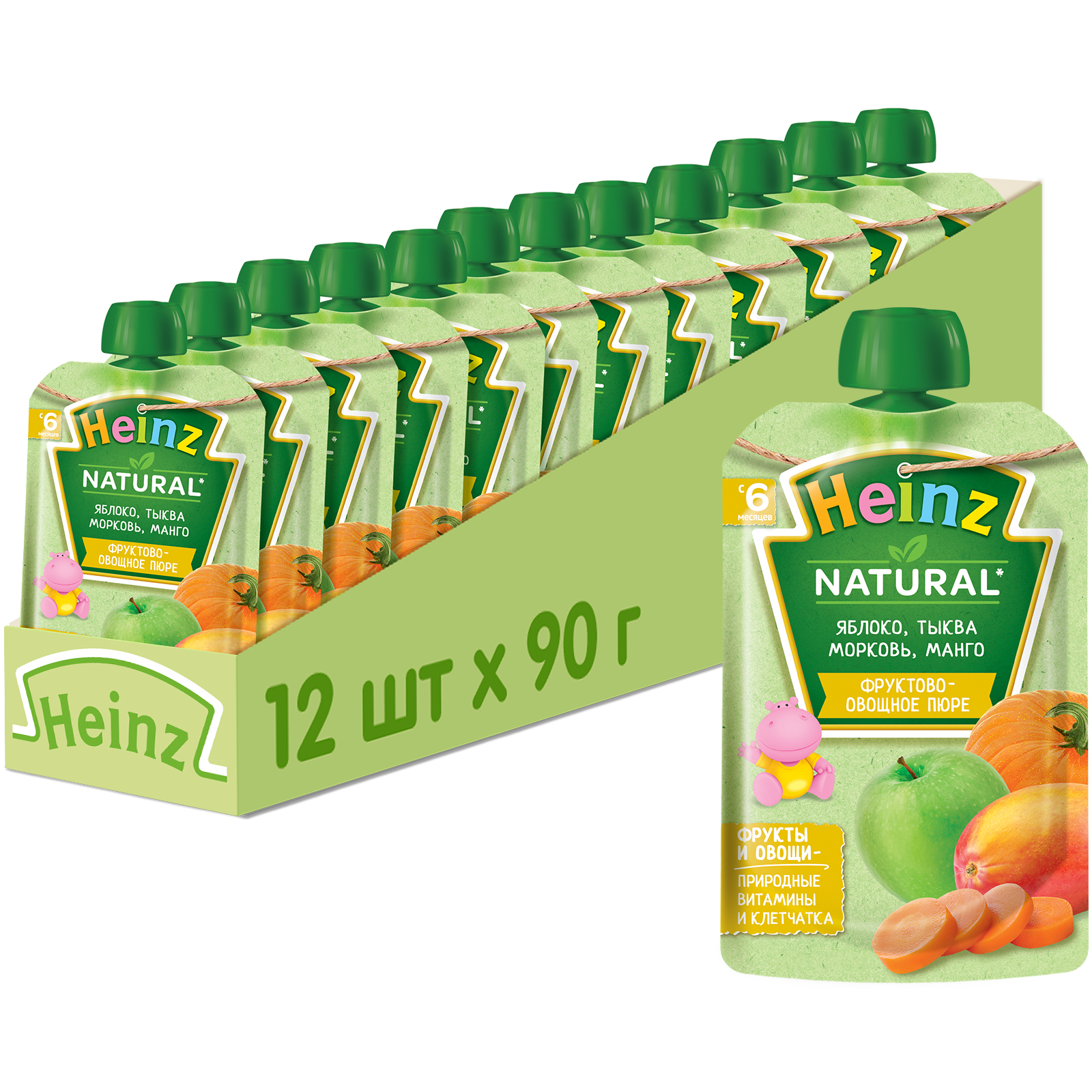 Пюре фруктовое Heinz яблоко, тыква, морковь, манго, 6 мес., 12 шт по 90 г пюре овощное heinz морковочка с 5 мес 80 г 1 шт