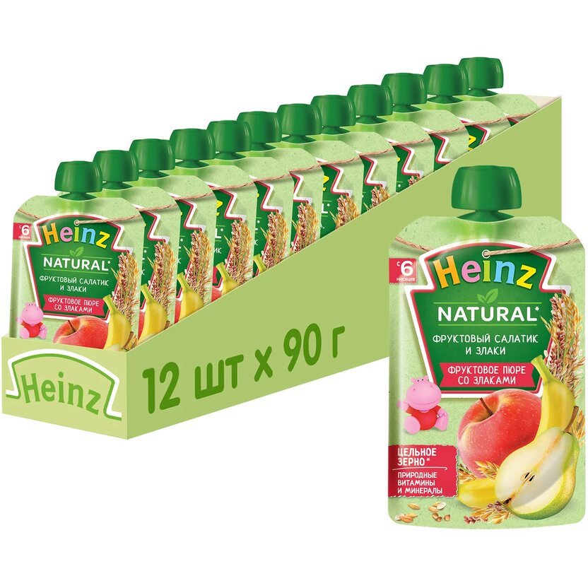 Пюре фруктовое Heinz фруктовый салатик и злаки, 6 мес., 12 шт. пюре heinz фруктовый салатик 80г 76017566