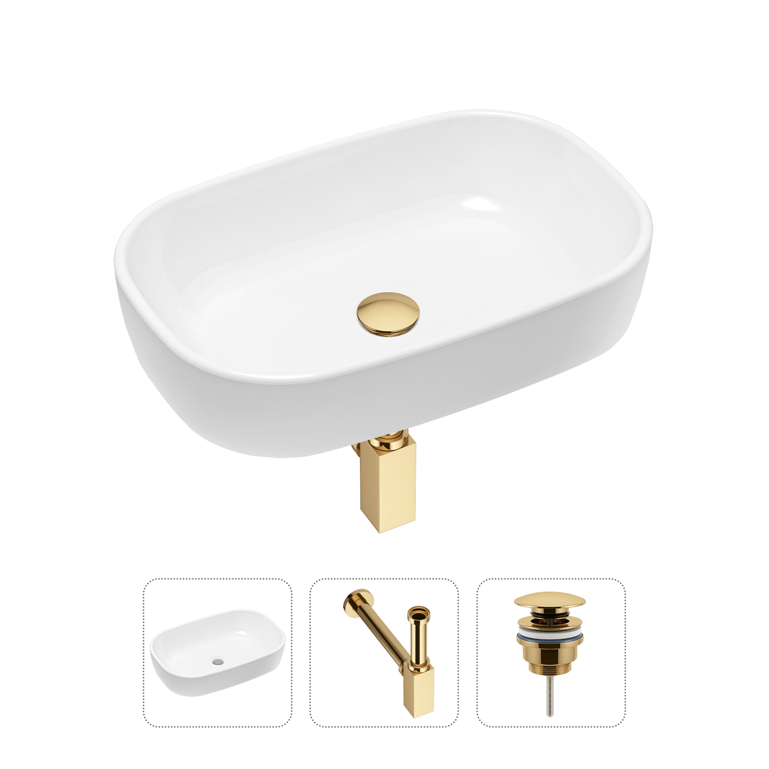 

Комплект 3 в 1 Lavinia Boho Bathroom Sink 21520020: раковина 54 см, сифон, донный клапан, Золотистый, Комплект раковин Lavinia Boho 33311002 (универсальный д/к, с сифоном №4)