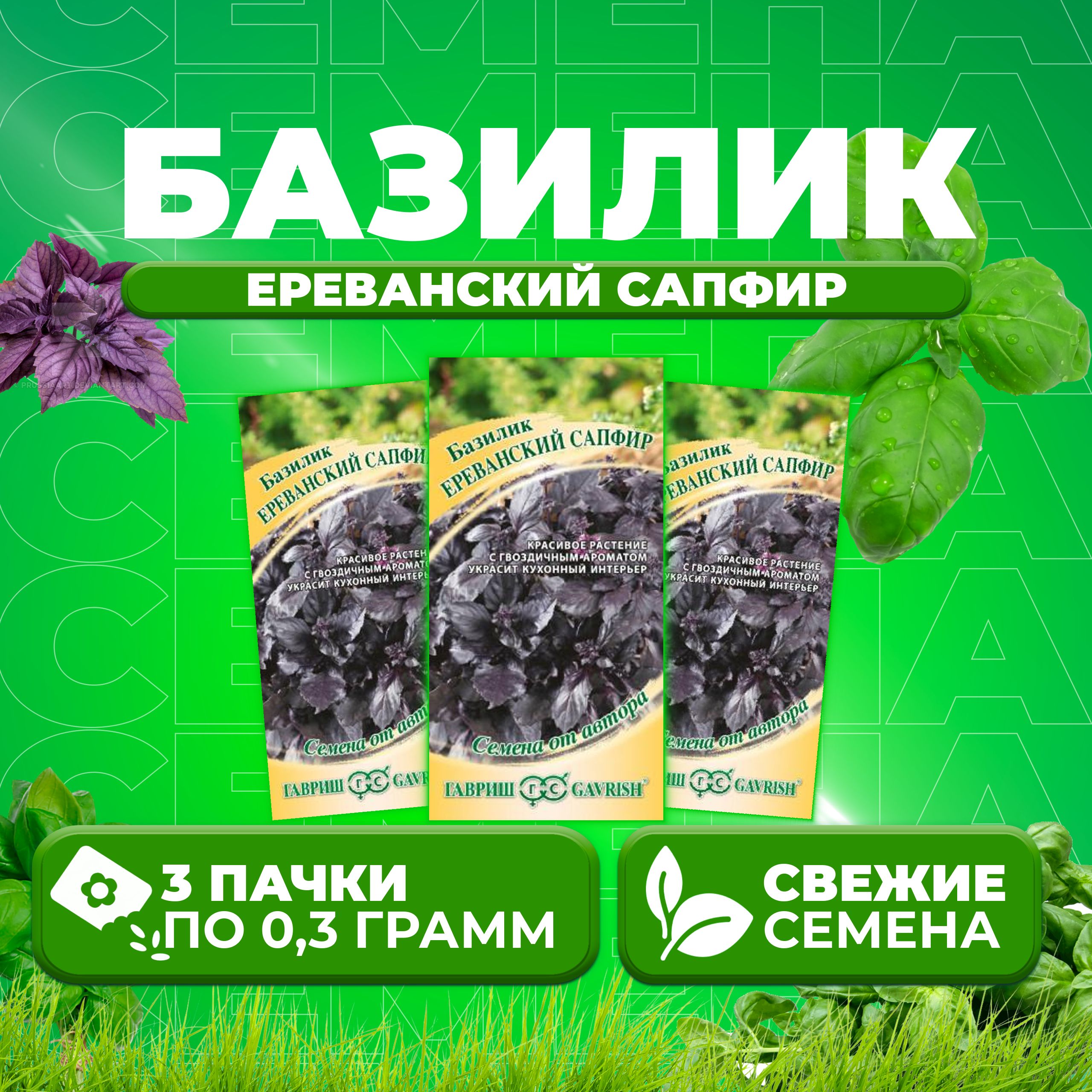 

Семена Базилик Ереванский сапфир, 0,3г, Гавриш, от автора 3 уп