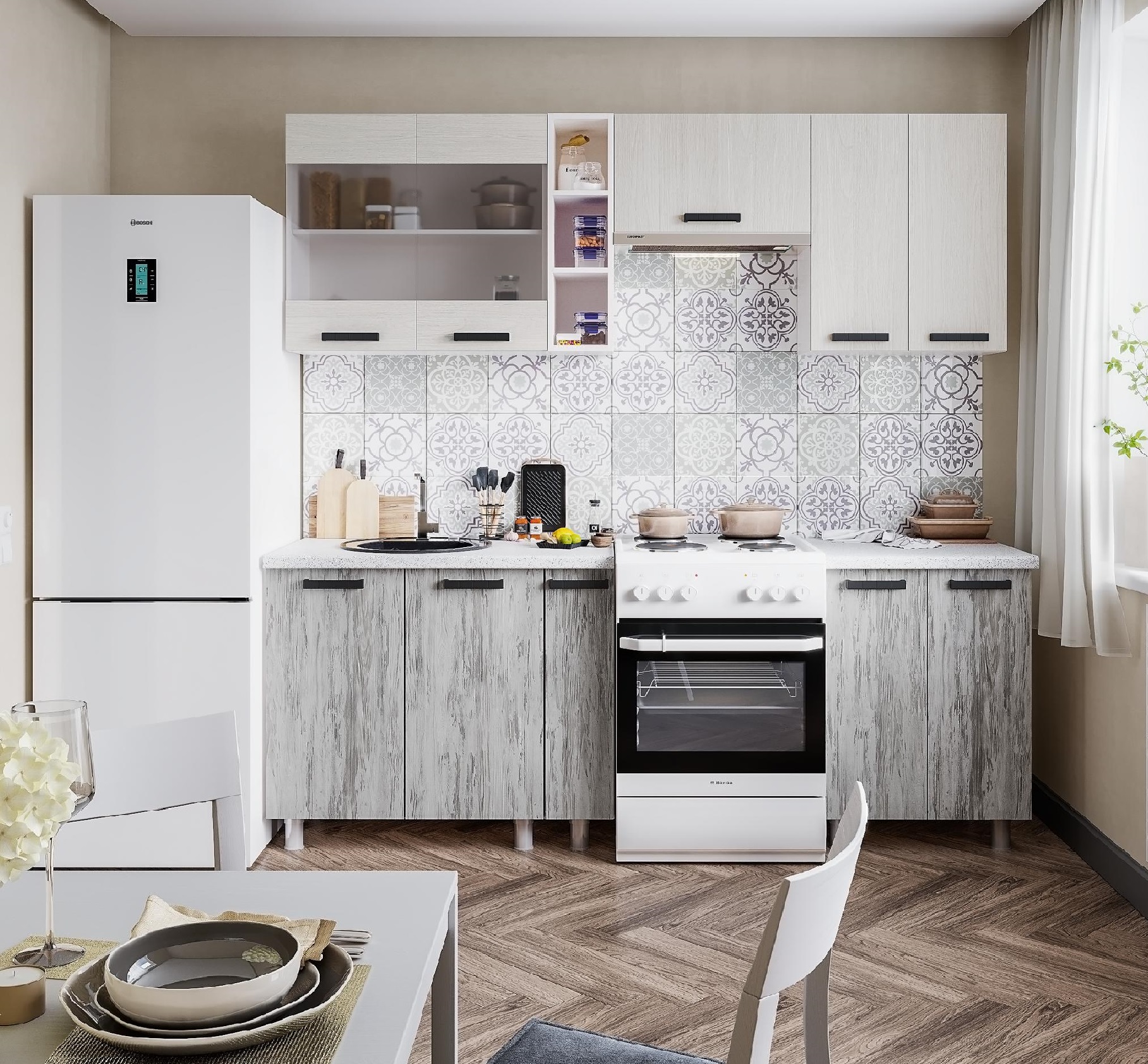 

Кухня Нагано Белый/Ясень анкор светлый и артвуд темный 2.2 м