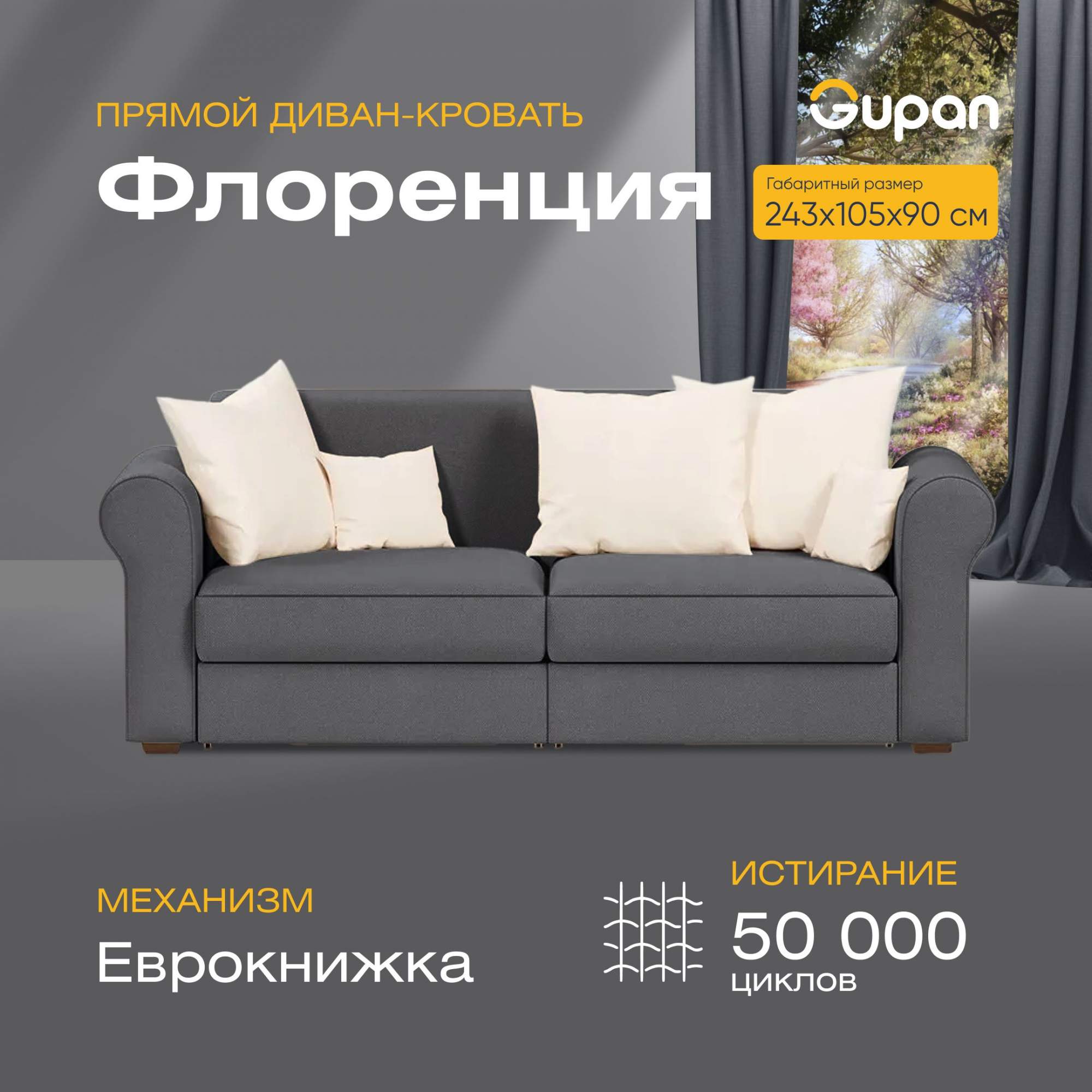 

Диван-кровать прямой Gupan Флоренция Велюр графит раскладной еврокнижка, Флоренция