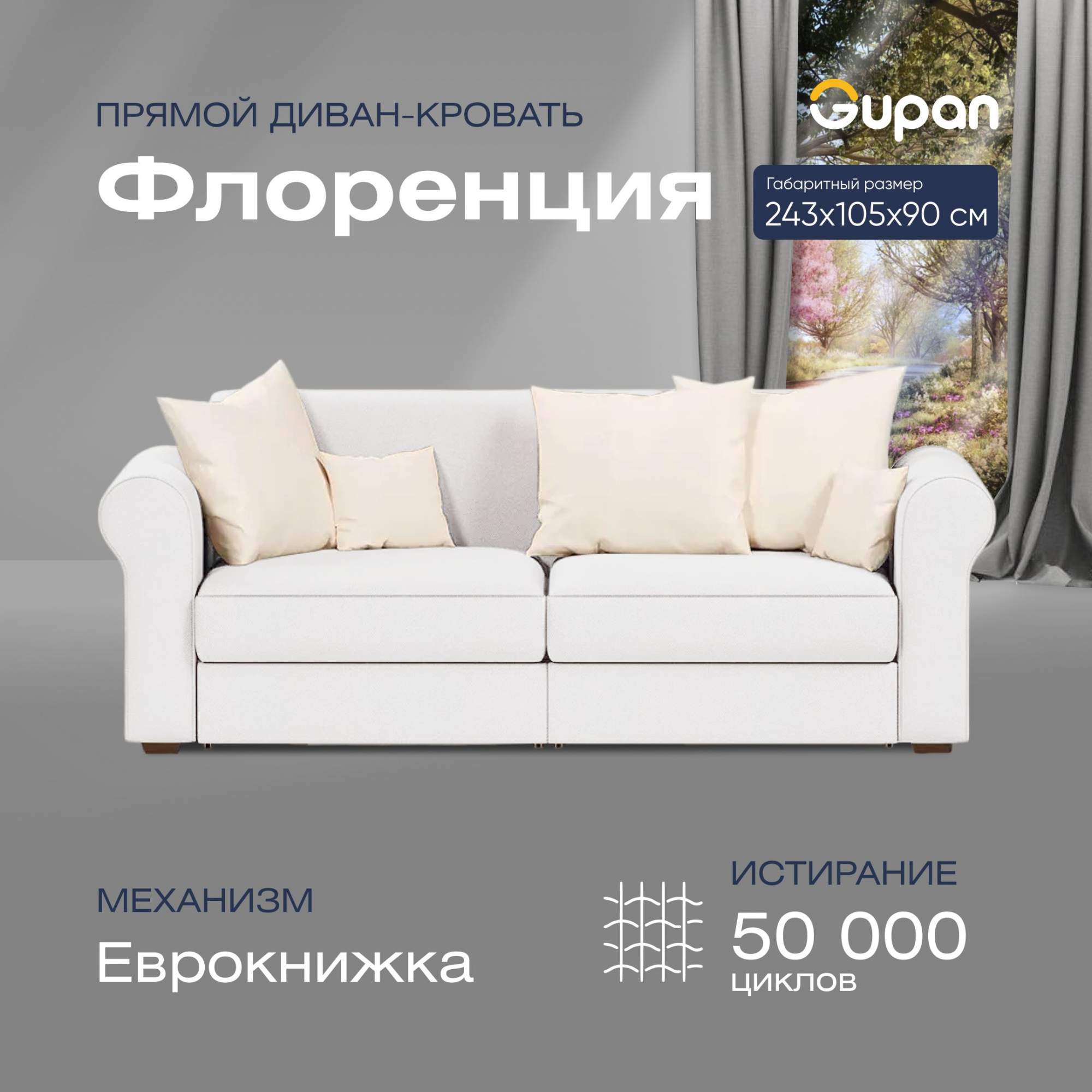 

Диван-кровать прямой Gupan Флоренция Велюр белый раскладной еврокнижка, Флоренция