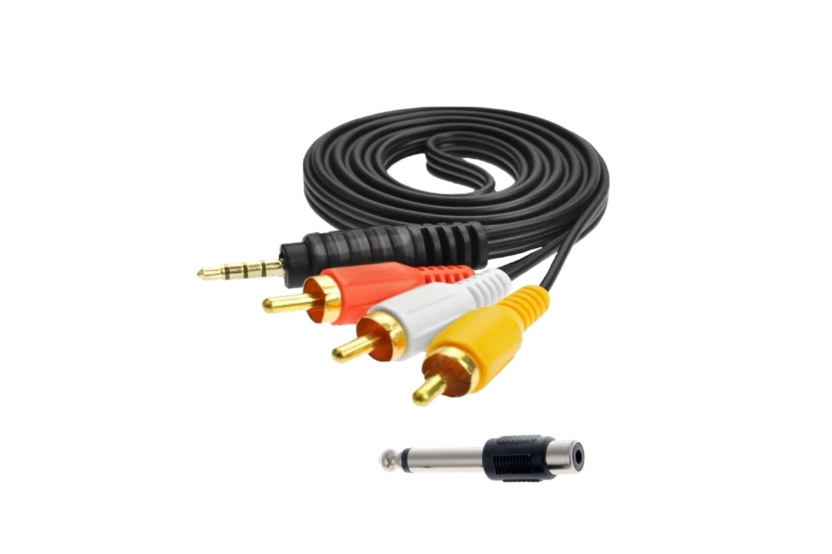 фото Кабель aux nocab mini jack 3.5mm-3 rca,1,5 метра + штекер моно (2 pin) jack 6.35 мм (папа) mobicent