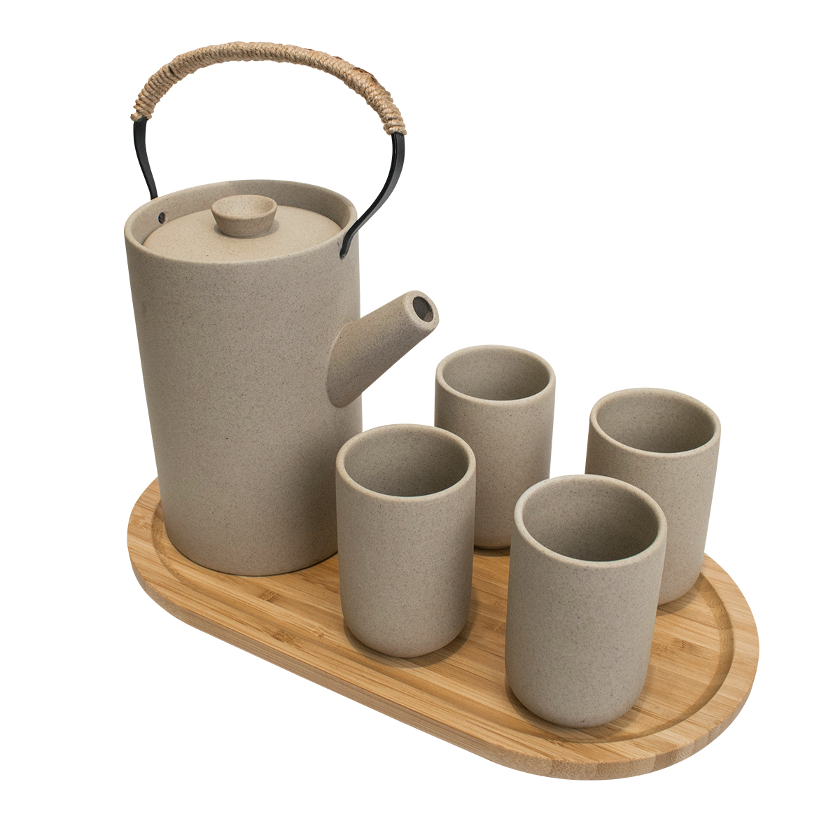 

Чайный набор, чайник, 4 стакана на бамбуковой подставке, цвет серый, MARMA MM-SET-06