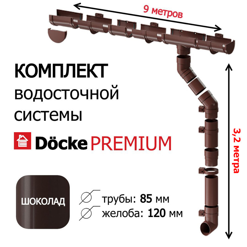 Комплект водосточной системы для крыши Docke Premium 9м х 32м шоколад 9890₽