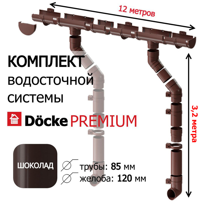 

Комплект водосточной системы для крыши Docke Premium 12м х 3,2м, шоколад, Коричневый, Квс Деке