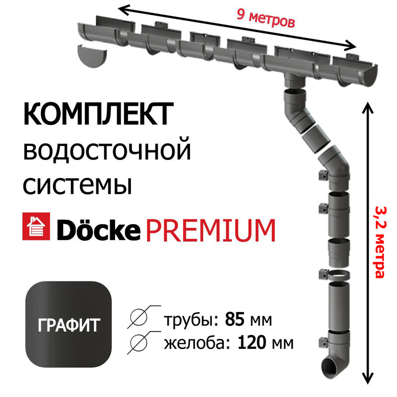 Комплект водосточной системы для крыши Docke Premium 9м х 32м графит 9490₽