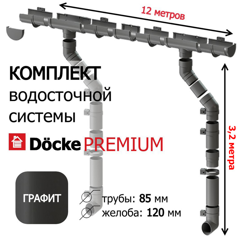 Комплект водосточной системы для крыши Docke Premium 12м х 32м графит 12990₽