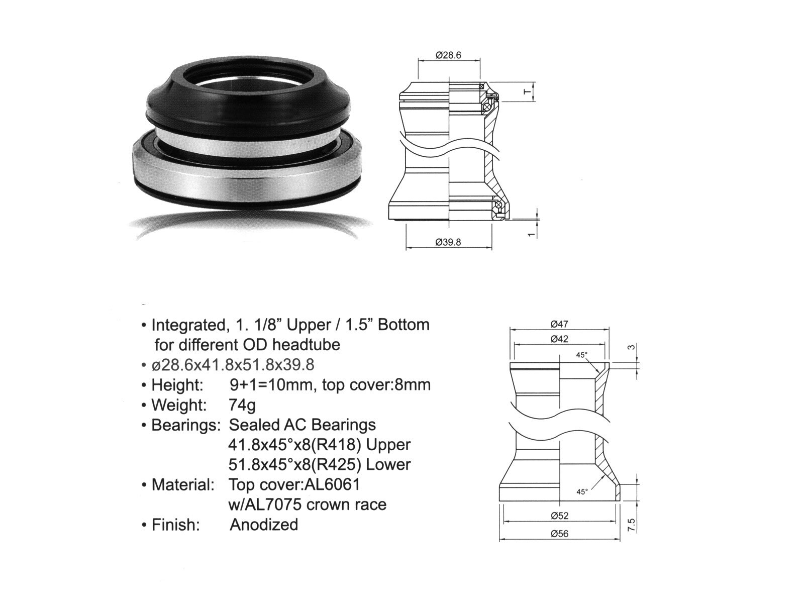 

Рулевой набор алюминий интегр. картр. 1 1/8"-1,5" 28,6/41,8/51.8/39,8мм 45x45 черн. AUTHOR, Черный, 23950151