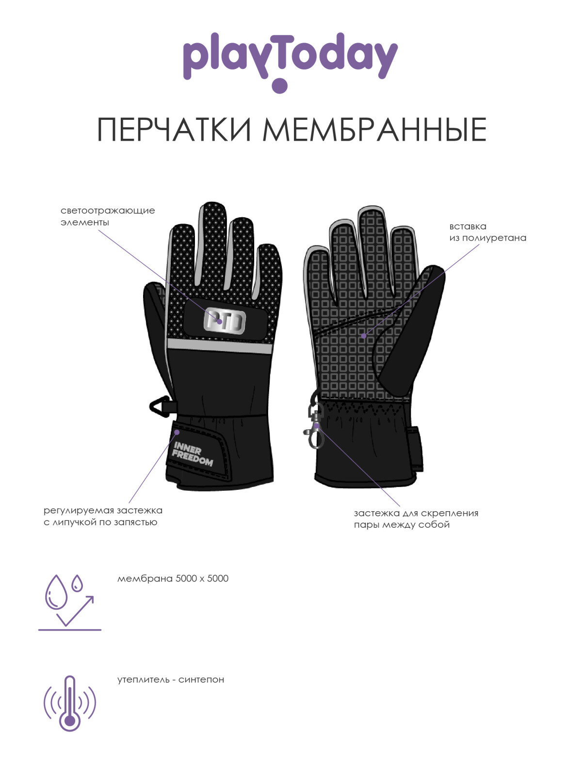 Перчатки текстильные для девочек PlayToday, черный,фуксия, 16 (128-140 см)