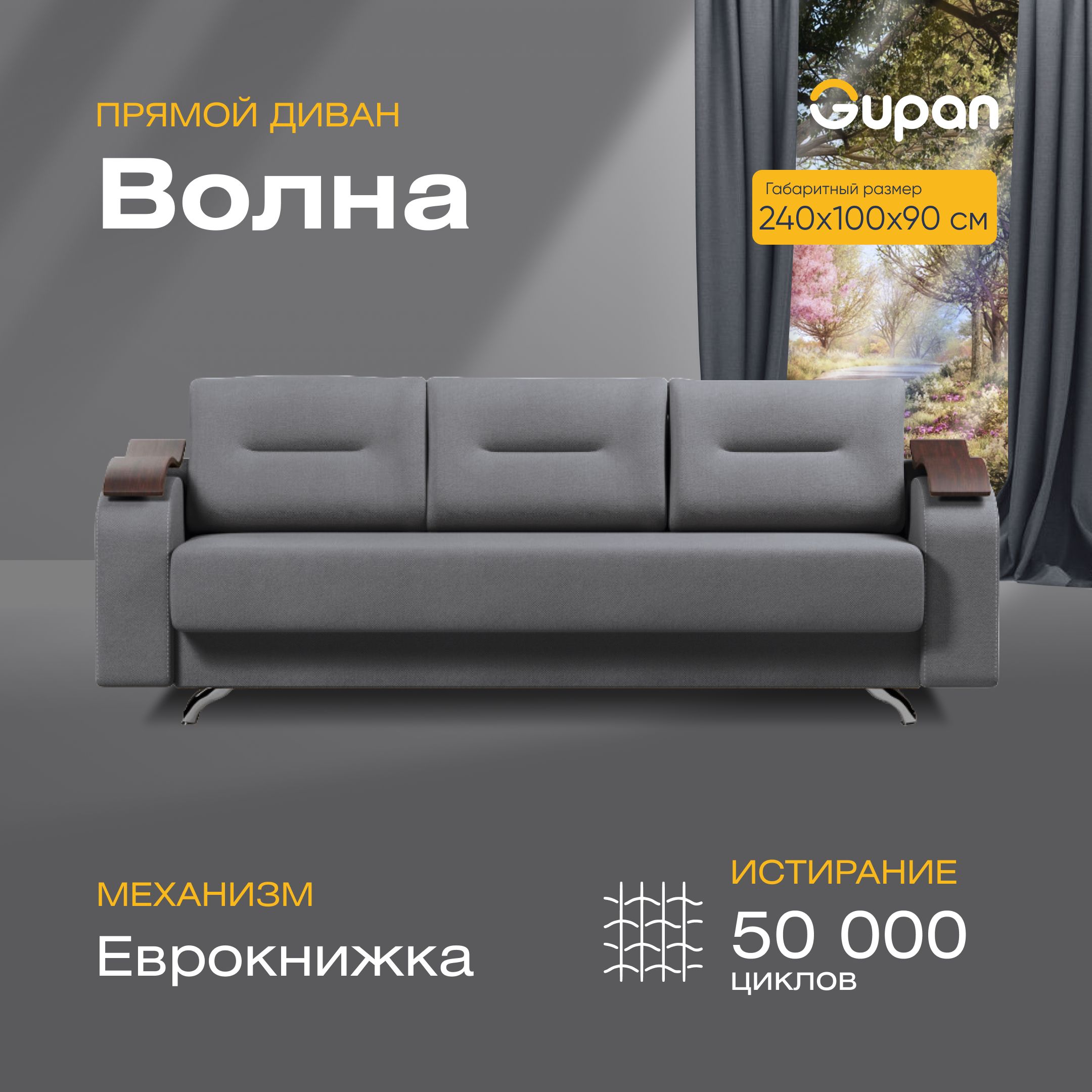 

Диван-кровать прямой Gupan Волна Велюр графит раскладной еврокнижка, Волна