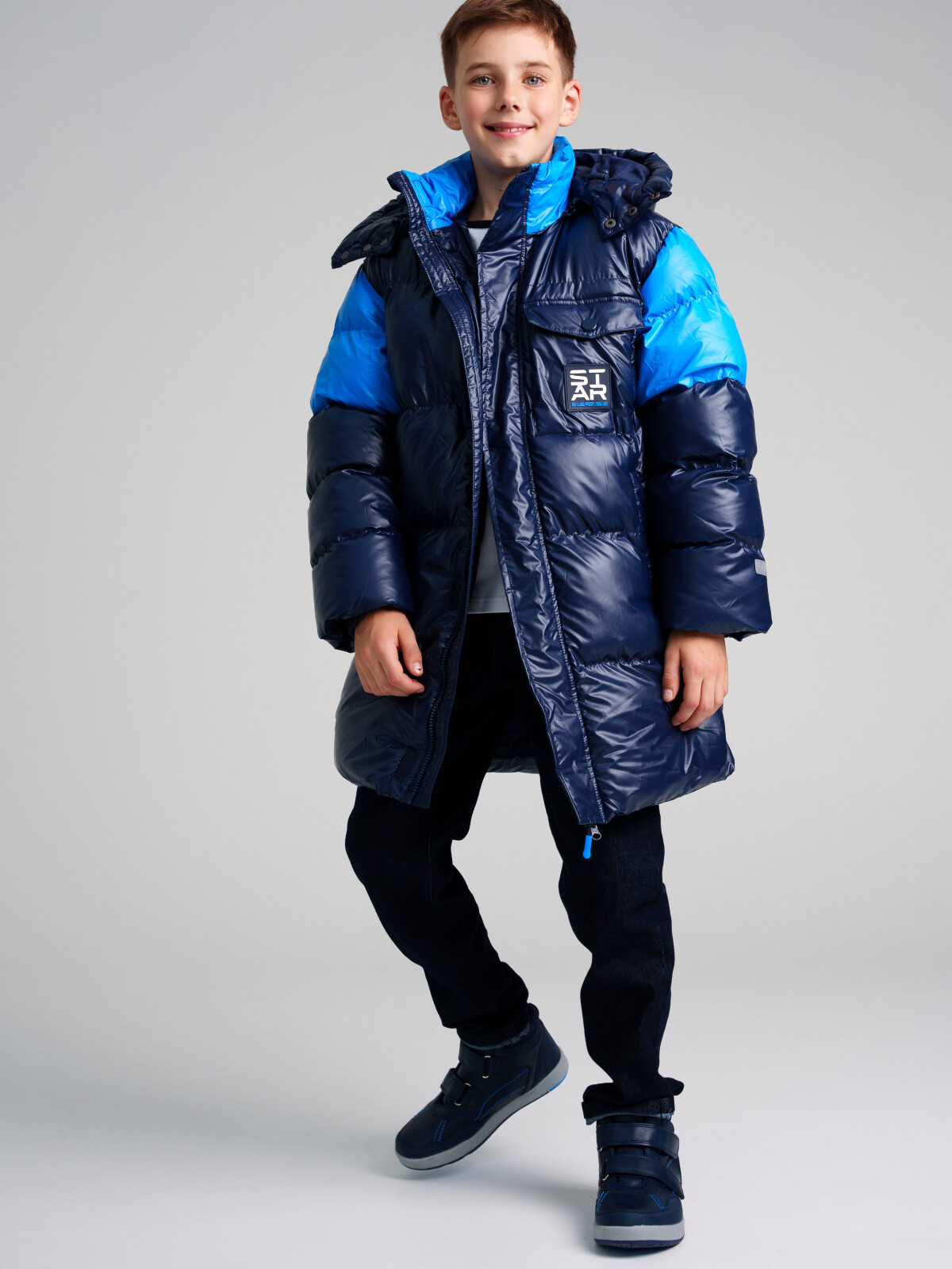 Пальто текстильное с полиуретановым покрытием для мальчиков PlayToday, черный,синий, 176