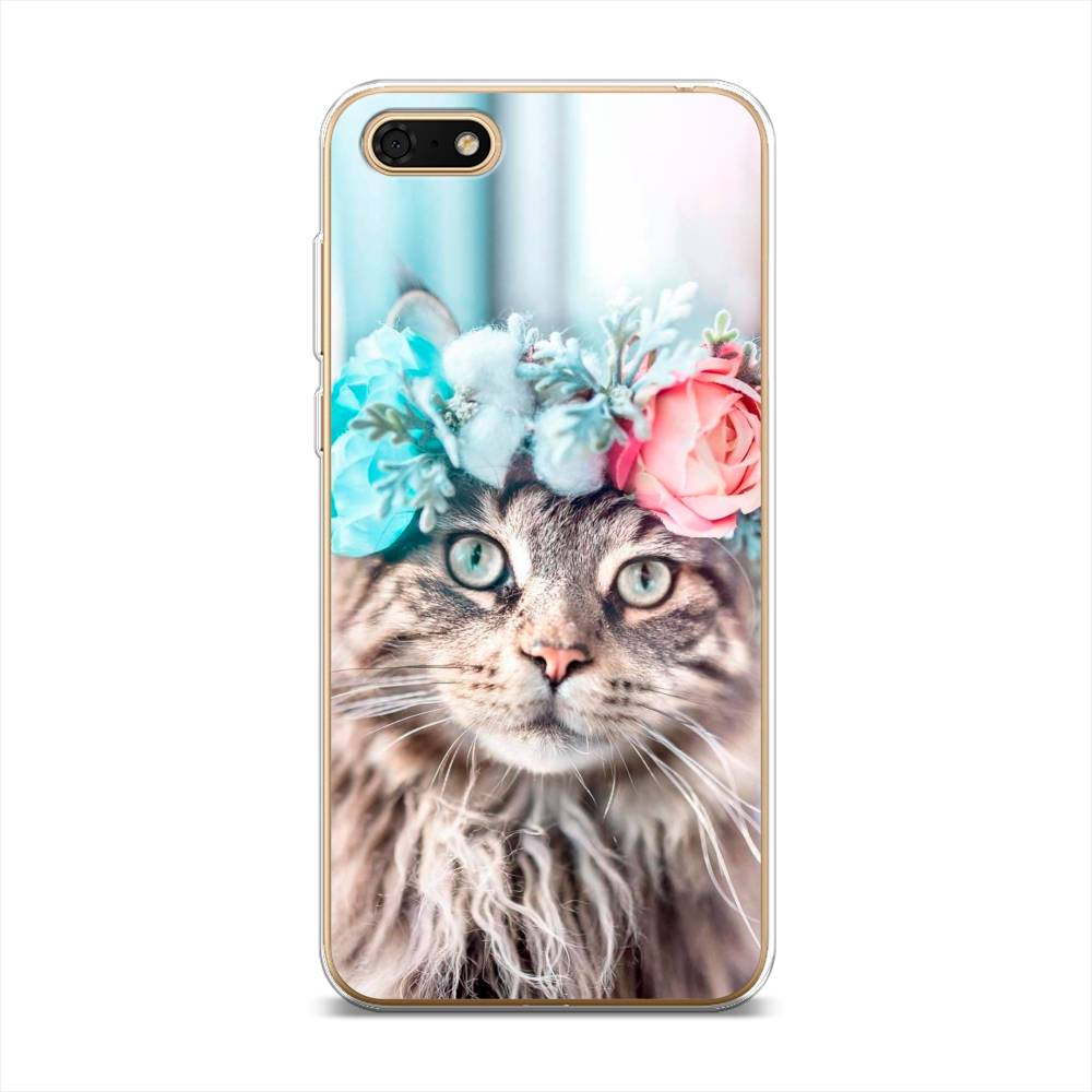 

Чехол Awog на Huawei Y5 Prime 2018 "Кот в венке", Серый;голубой;розовый, 66350-2