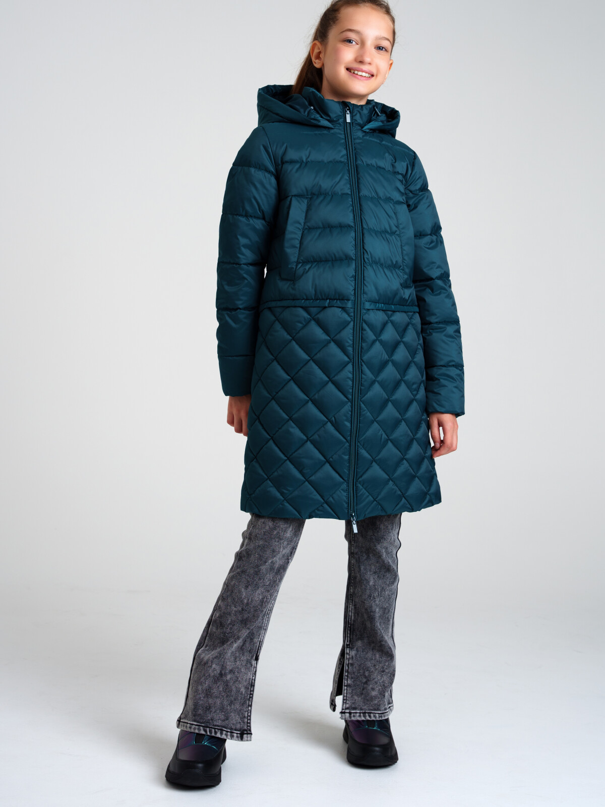 Пальто текстильное с полиуретановым покрытием для девочек PlayToday, темно-зеленый, 152