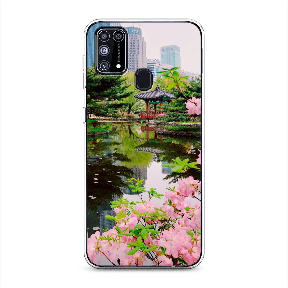 

Чехол на Samsung Galaxy M31 "Сакура возле озера", Зеленый;розовый;голубой, 2100750-2