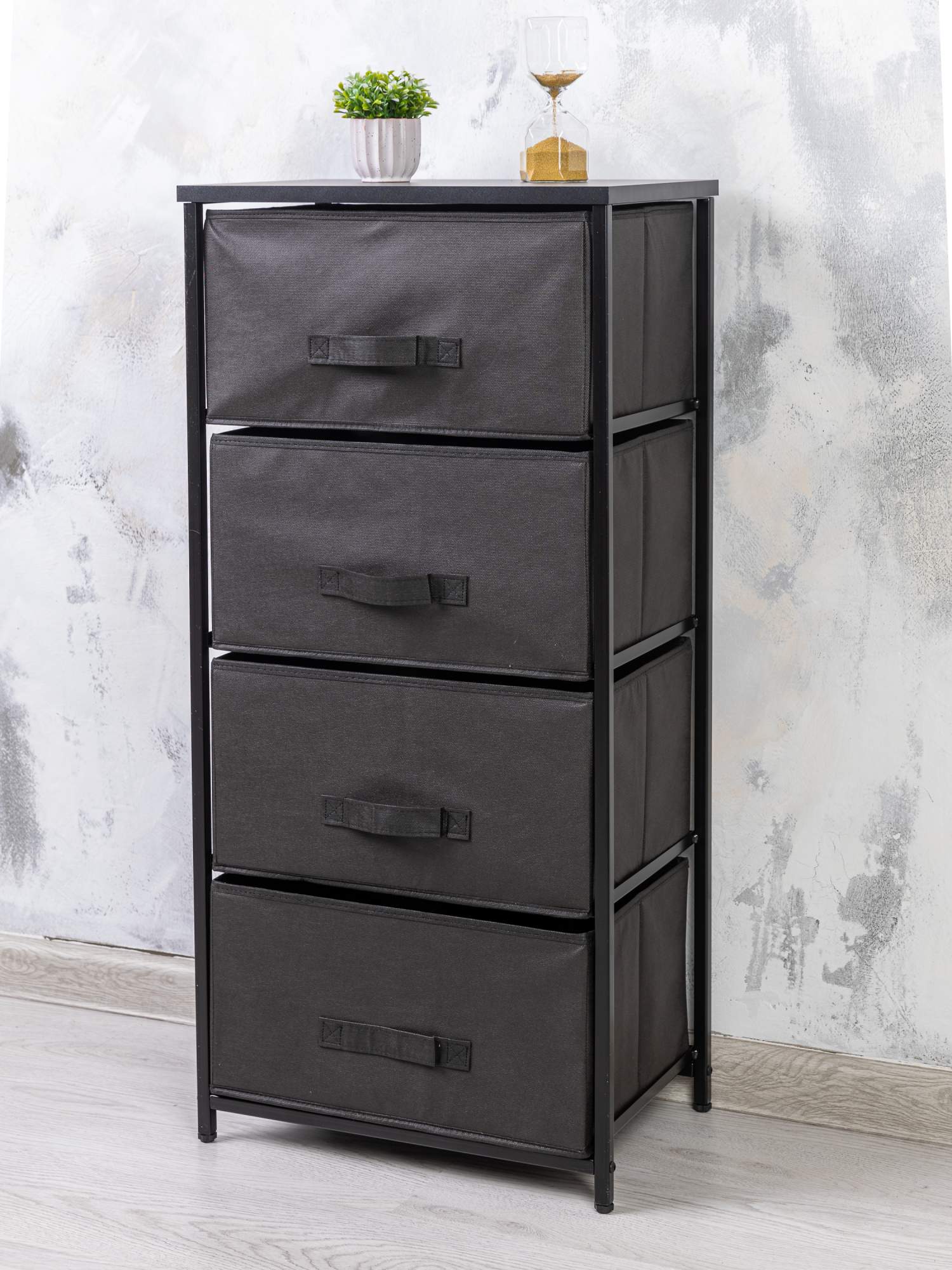 

Комод Gemlux Loft 950/4BK, 45х30 см, металлический с выдвижными тканевыми ящиками, Комод LOFT GEMLUX 950/4BK